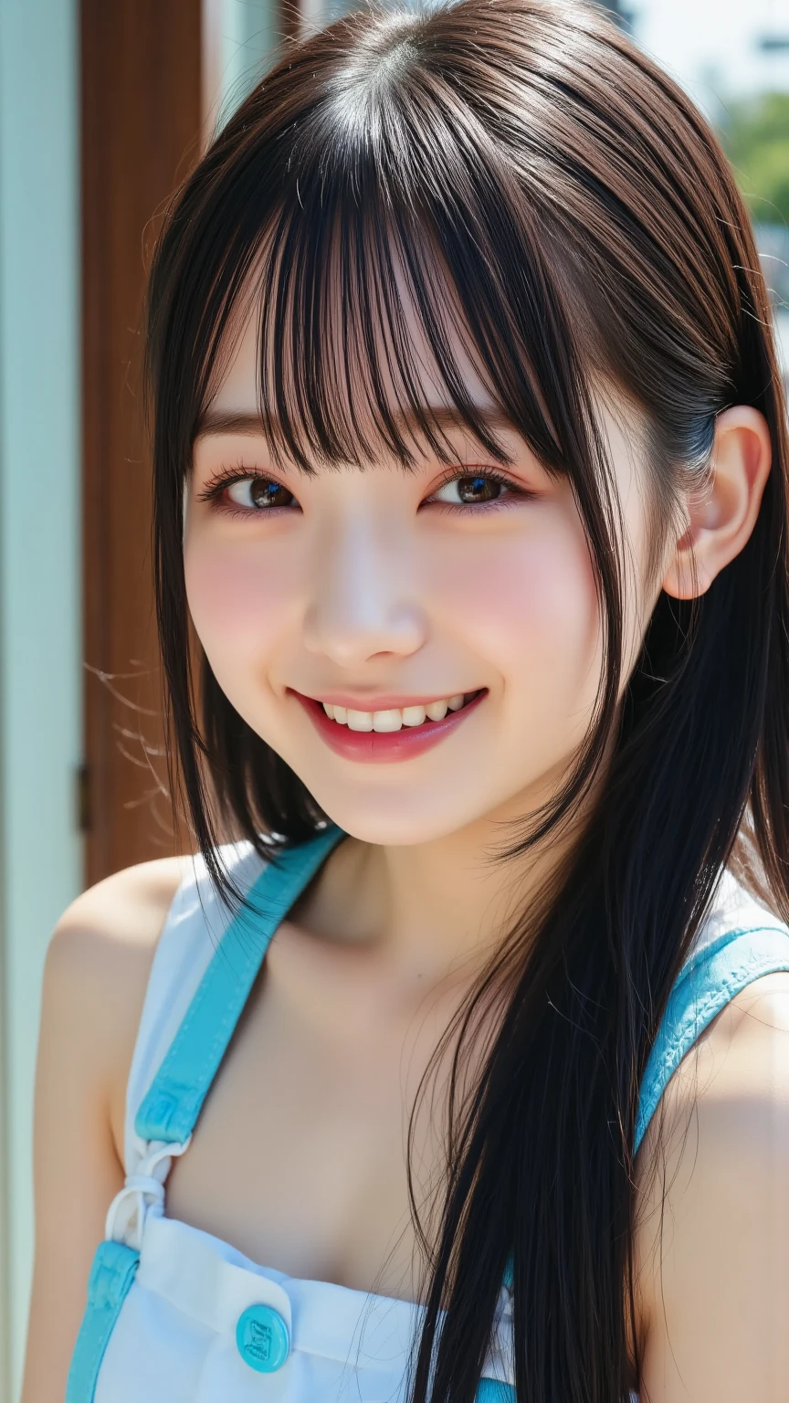 ((highest quality, 8k, masterpiece:1.3, 1 girl, beautiful girl)), High resolution, cute, dynamism, Detailed face, Detailed skin, Fine grain, Detailed lips, Realistic, RAW Photos, Natural light, Perfect Anatomy, Dynamic pose, Round ass, Toned Legs, double eyelid, Tear bags, Round eyes, Moist lips, Mouth details, Detailed tongue, Japanese Girls, Black Hair, bangs, (One piece school swimsuit), Racecourse, indoor, Detailed clothing, Sweaty, Wet clothes, Wet Hair, smile, Long Hair、ponytail