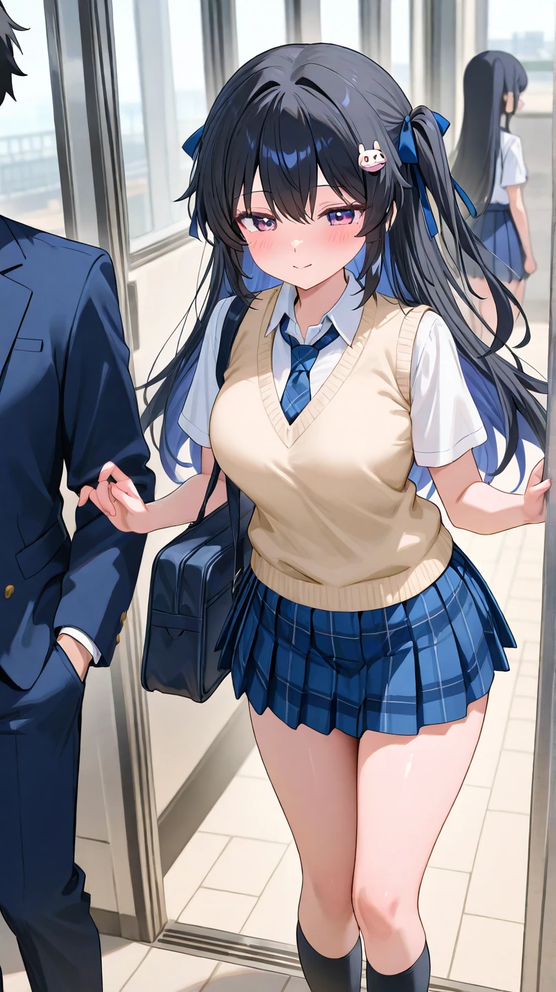 highest quality、One Girl And One Middle Aged Man,full body figure、10 years old、Perfect five-finger、perfect legs、perfect legs、Tachibana Arisu、 shy face、perfect thing、detailed description、small details、detailed face、mini skirt、brown_hair, long_hair, brown_eyes, bow, hair_bow, upper_body, blue_bow, closed_mouth, bangs、White panties、whitepanty、I can see your panties、school uniform、high school uniform、blazer、inside the train inside the train、man hugs girl、A man touches a girl's chest