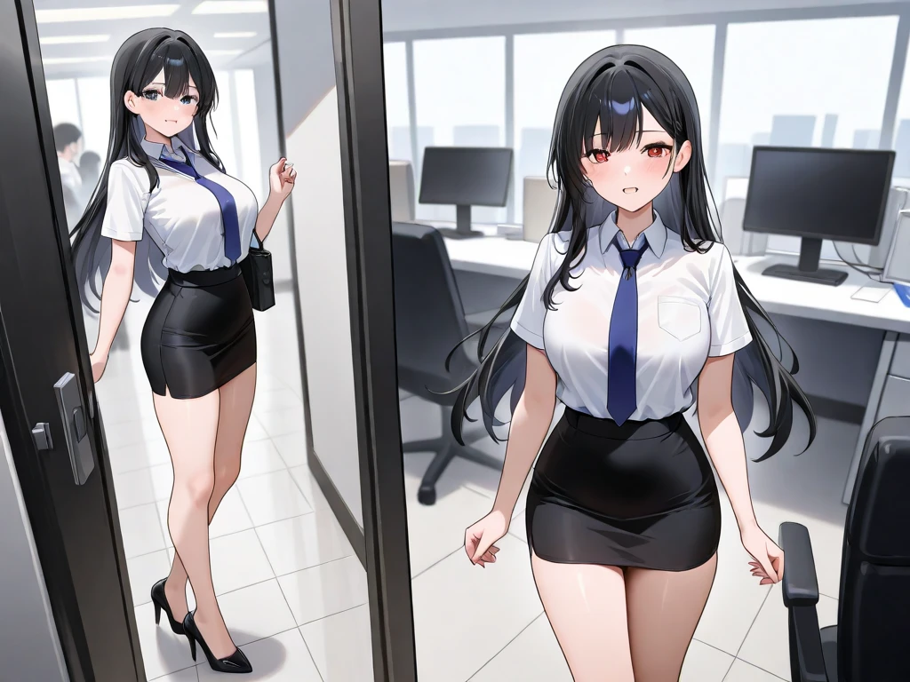 (solo), (1 skinny girl walking:1.2), standing, tight-fit black blazer, (tight-fit black pencil skirt), necktie, (closing chest by white shirts under black blazer), BREAK, (long skinny legs), bursting huge breasts, BREAK, (forced smile:1.2), (dripping tires:1.2), (disappeared), open mouth, orgasm, (nsfw:0.8), (pussy juice dripping down legs), hand grabbing own breast