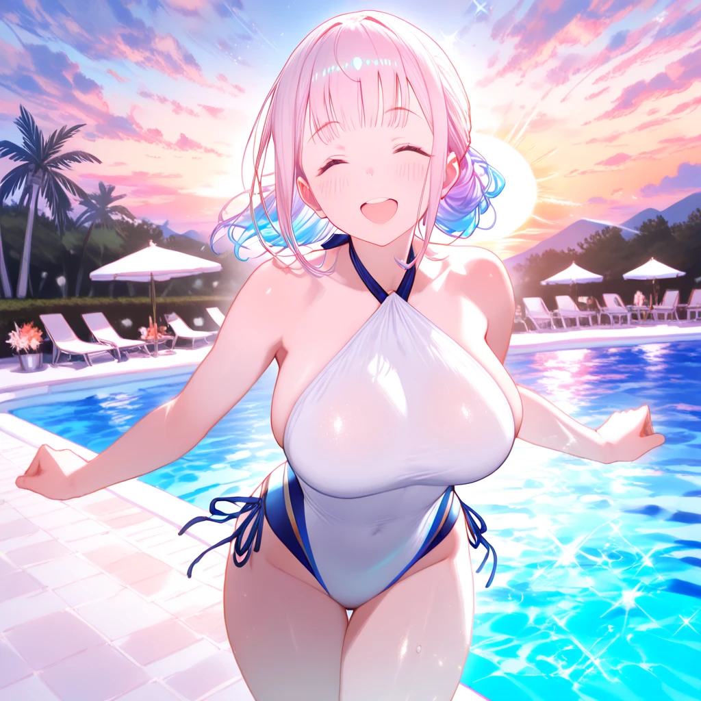 1girl, nsfw, nittamoeka, solo, pink hair, hair bow, pink bow, curly hair, short hair, purple eyes, pink eyes, , large breasts, , nipple, , Peeing, lactation, projectile lactation, floating island, casino, frozen, wet, crying , empty eyes , Naked, , (1girl) ,solo