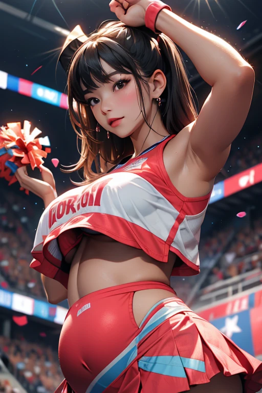 (top-quality、8K、photographrealistic:1.4、tmasterpiece))、back Lighting、highly detailed facial textures women、Beautiful Japanese woman、18yr old、(((Bull cheerleader:1.2)))、((Stadium Background:1.2))、raise both arms、Ultra-delicate skin、beautiful make up、A detailed eye、A smile、open open mouth、Shiny brown messy short hairstyle、squatting pose、Gravure pose