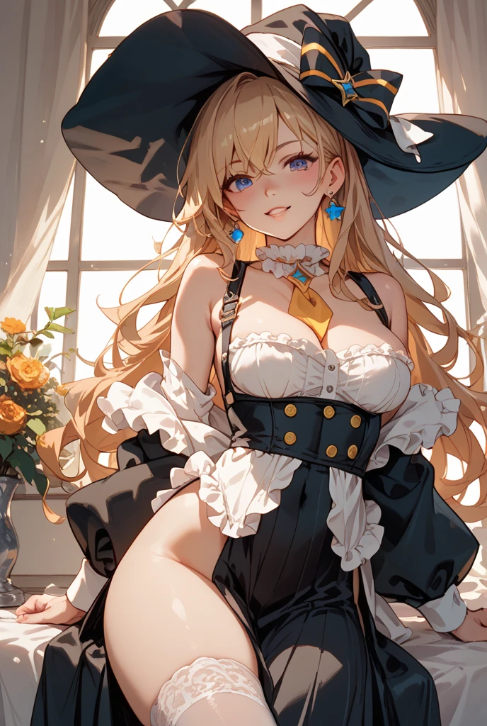 Adult Woman, Sexy Witch Cosplay, Long dark blonde wavy hair、off-shoulder knit, (Long flared skirt), Witch's Hat、Medium milk, cute smile face、Bare shoulders、(Pose to lean forward and emphasize the chest)、(turned around)、sexy hips、Black High Heels、Luxurious magic wand and book、Church of the castle、sexy pose、(((The skirt is rolled up by the wind)))、Sexy black lace panties、(((You can see all the panties)))