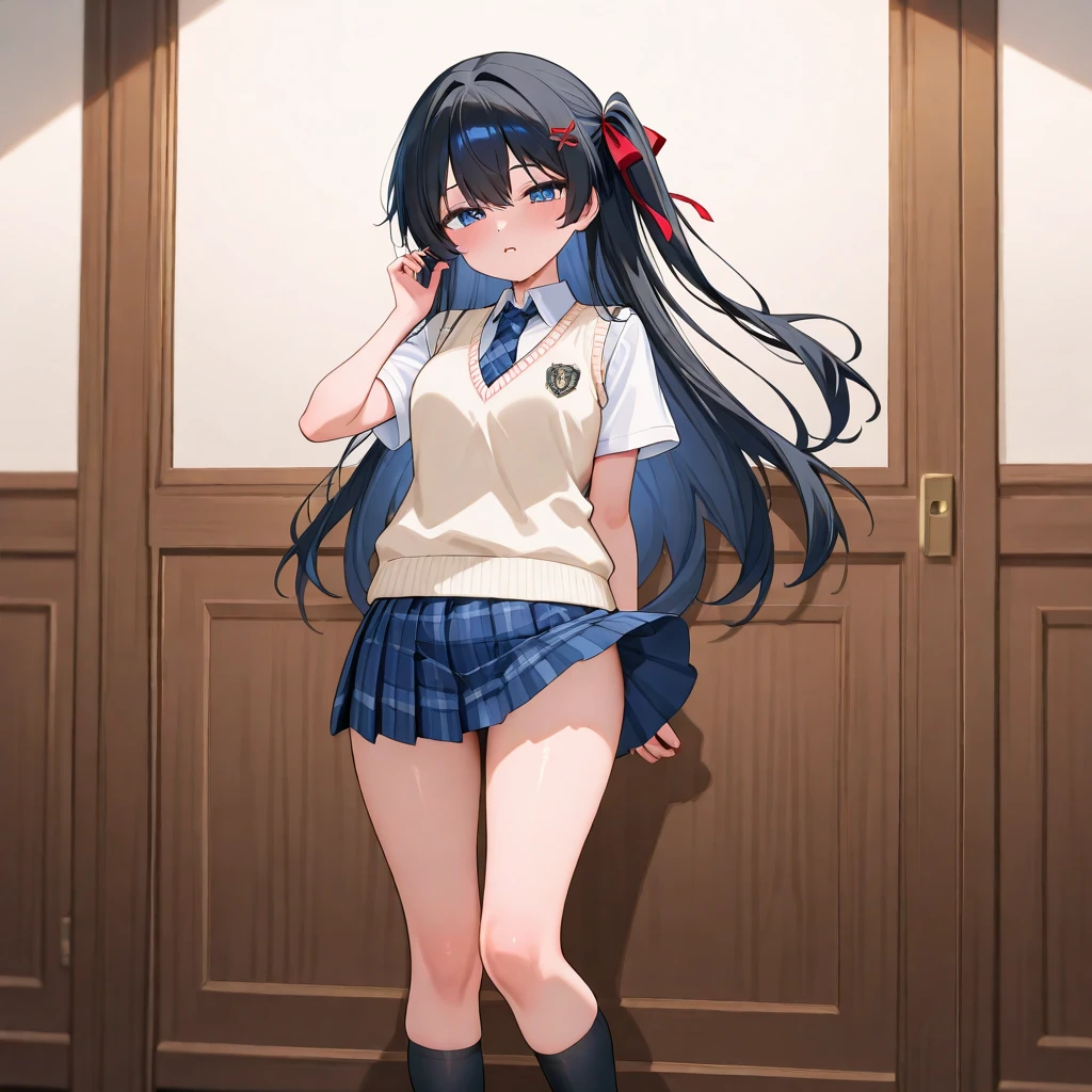 (Very high quality, detailed) An image of a full body pregnant girl with a round belly, long hair, very big breasts and a huge ass. She's standing barefoot with her hands on her belly. She's wearing a crop top, very thight shorts and glasses.