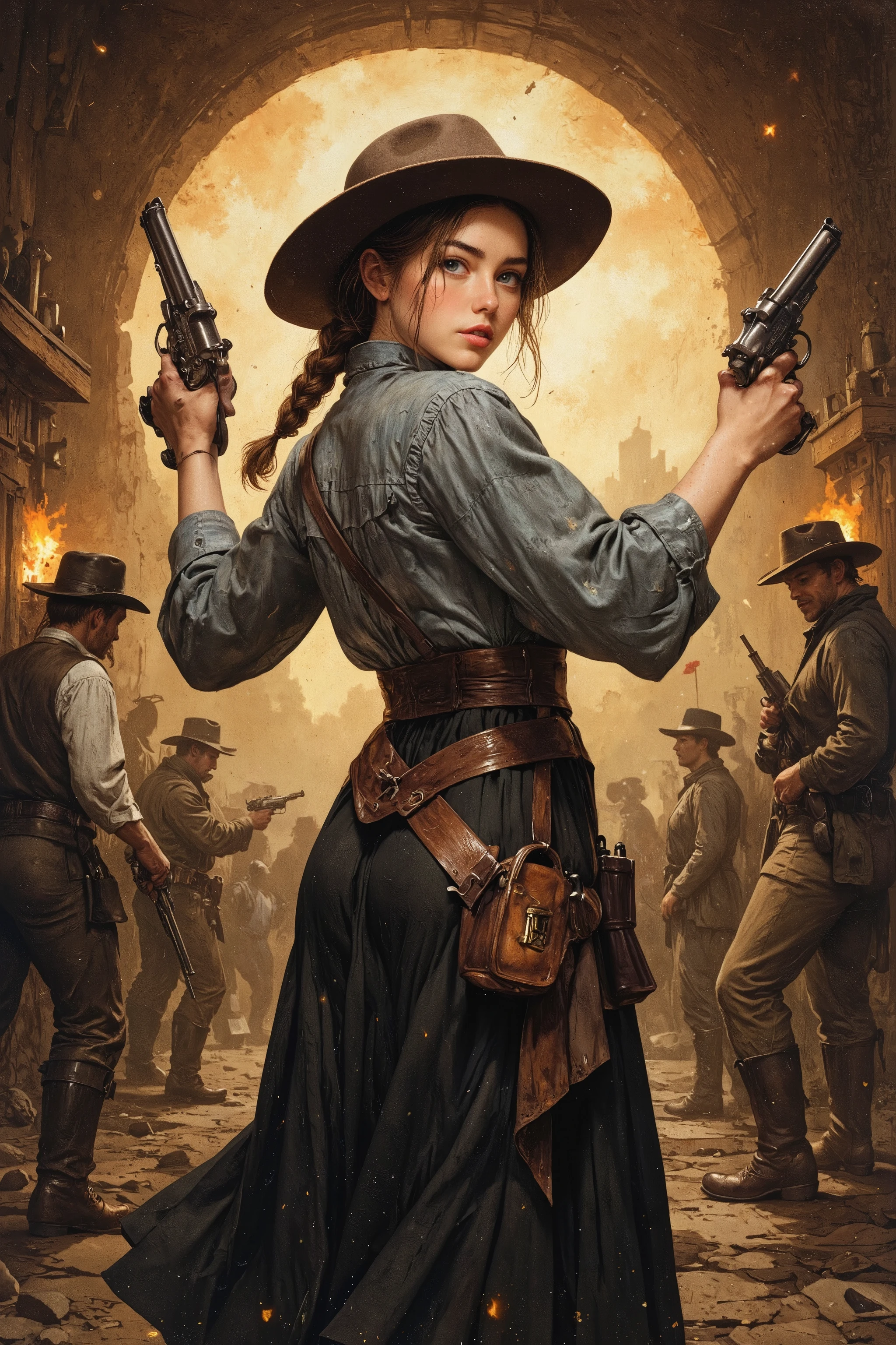 Dorothy with gun,
An oil painting by William Adolphe Bouguereau,
antqgldnCE style,
NSFW,
for Adults,
Western movie,
Intense gunfights,
Bold action,
Revolver,
Colt revolver,
Dorothy is a young white woman.
Attractive Dorothy.
Dorothy has long braided brown hair.
Dorothy fights the town's outlaws with her dual pistols,
Dorothy goes to a bar where outlaws hang out with the Tin Woodman,