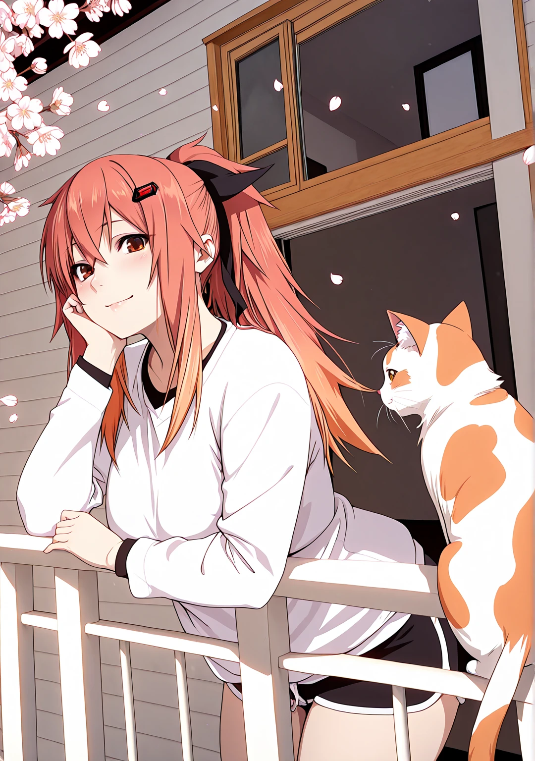 L_Cation2, (minami_koyogi-style:1.2), (luxu-style), anime coloring, ((Cinematic, unreal engine, eye-catching, ambient occlusion, UHD, masterpiece)), ((perfect lighting, dim lighting)), comic, score_9, score_8_up, score_7_up, score_6_up, score_5_up, score_4_up, uncensored, detailed background, vignetting, high quality, absurdres, best quality, very aesthetic, newest, digital art, trending on ArtStation, ((anatomical correct)), perfect body, perfect eyes, perfect fingers, gasping, heavy breathing, gasping profusely, ((skindentation)), ((curvy)), surenalysandrav1, orange hair, red hair, multicolored hair, gradient hair, two-tone hair, sidelocks, ponytail, bangs, black ribbon ,hair ornament, hair between eyes, red eyes, orange eyes, gradient eyes, plump, 1girl, cat, shorts, cherry_blossoms, smile, solo, blush, shirt, long_sleeves, balcony, black_shorts, looking_at_viewer, petals, white_shirt, outdoors, railing, short_shorts, building, head rest, dolphin_shorts, tree, window