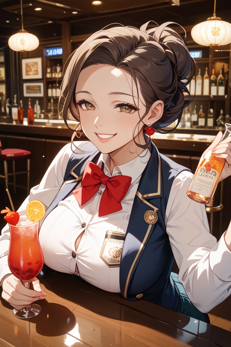 (top-quality、in 8K、32K、​masterpiece、nfsw、highly detailed、Impresionismo、Photorealsitic:1.2)、Full body, (a bar counter、shop front:1.4)、cara simetrica y hermosa, deep-shadow, beauitful face、blurry backround、20-year-old beauty、shinny skin, Beautiful wavy golden hair、 poneyTail、Blue eyes, Beauitful face、blurry backround、 Bunny Girl、High-cut leotards、Muy delgado leotardo se ve el cuerpo atraves de el, a bow tie、White cuffs、Thighs wrapped in fishnet stockinglack rabbit ears、Have a tray of liquor、sit on the table、Shy smile、Curve, uncensored, nsfw, very hot, random angle view