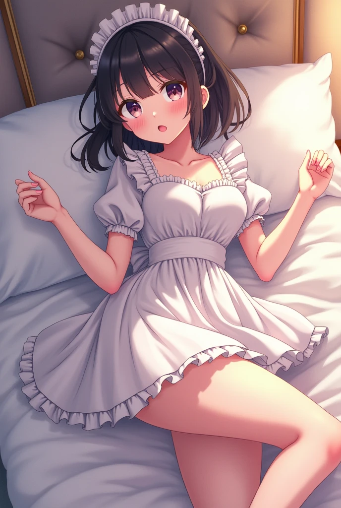Flushed face, lying in bed yawning and squinting, head resting on the pillow, stretching arms lazily, bending legs, looking up towards the ceiling in the direction of the viewer, /(camera focus from the top plane), a beautiful 18-year-old woman, /(Long black hair straight In a ponytail and soft with a bun at the ends, light brown eyes, white skin,), /(Hourglass-shaped body, wide hips, small waist, shapely legs, big chest, small hands, thin fingers, Greek nose, almond-shaped eyes,), (Maid clothing: fitted blouse, pleated mini skirt with lace, platform booties, thigh-high stockings held up by garters,),
