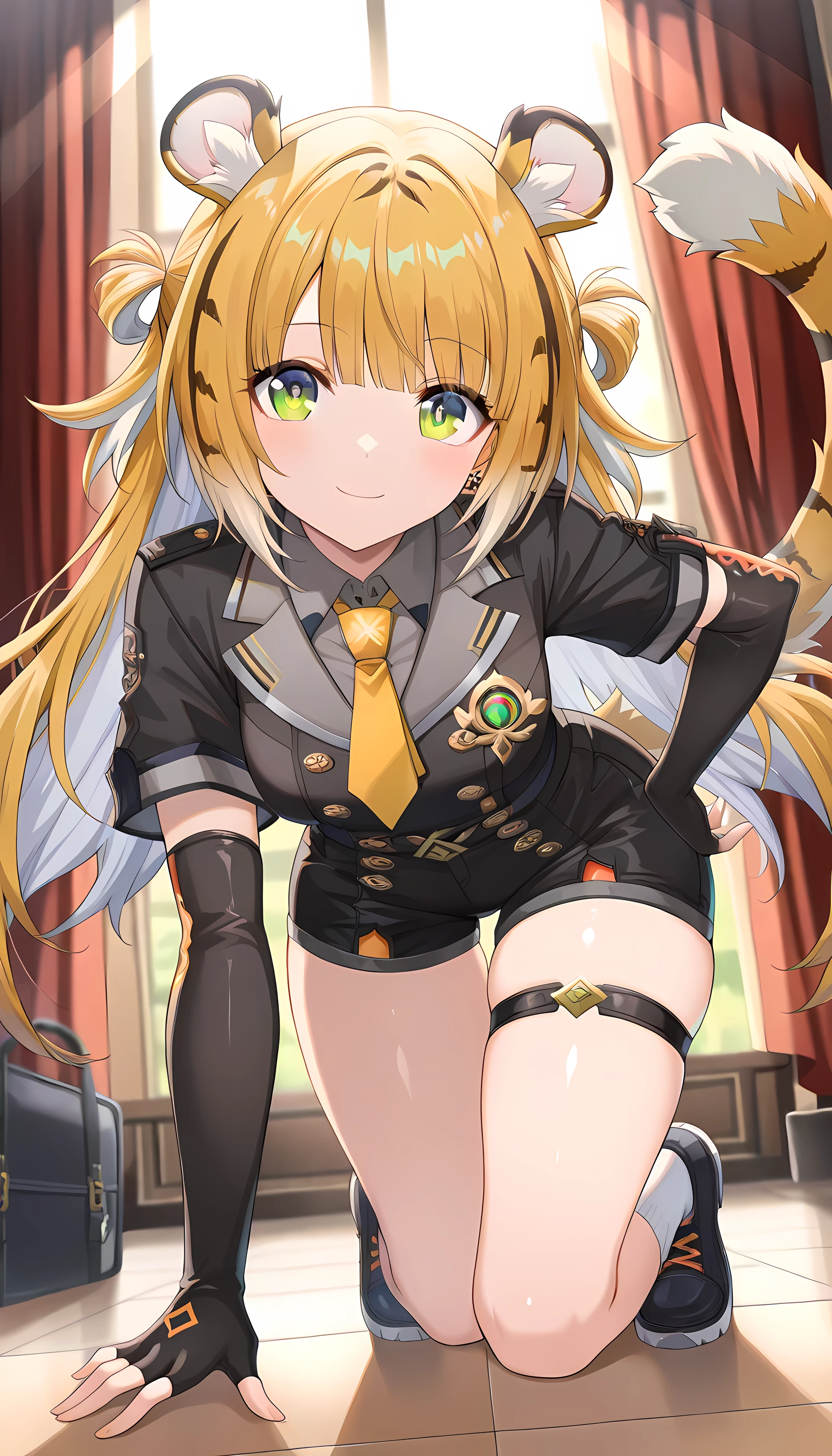 masterpiece, Highest Quality, amazing quality, indoor, Midea, Absard Dress, Highest Quality, 4K, Luxury, juhufu, 1 girl, solo, green eyes, Tiger's Tail, Tiger Ears, gloves, shirt, smile,Shiny Eyes , beautiful eyes on my stomach, fascinating, erotic, Shiny Skin Thighs, sexy, Shining Eyes, (cute illustration:1.3), (high chroma:1.3), detailed beautiful face and eyes, dynamic lighting, anime, viewers looking straight up,,ray tracing,, thigh gap、buttocks visible from the thigh、BREAK、Voluminous Lighting、Dutch angle、shiny skin、 shoes, black gloves, Short Sleeves, fingerless gloves, shorts, Gold, closed mouth, viewers looking straight up, bungs, socks, black shorts, Pose, elbow gloves, long hair, collared shirt, white socks, multicolor hair that matches the eye, thigh straps, Black Jacket, on all fours