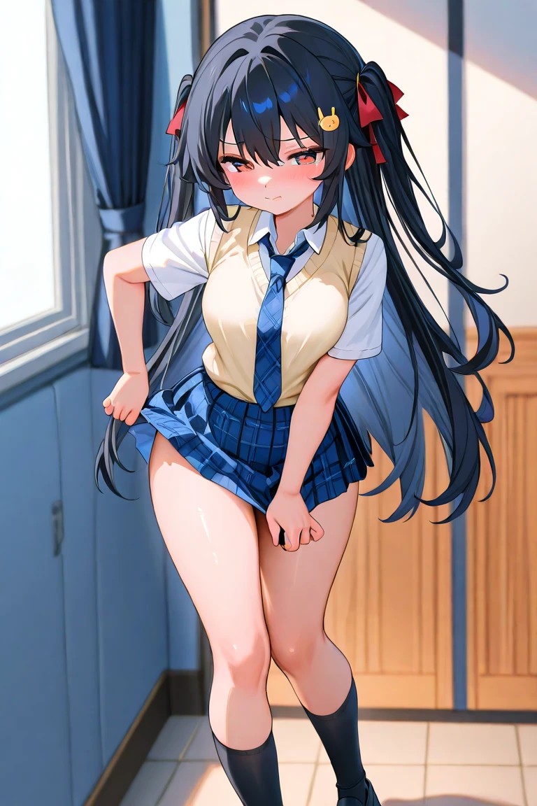 (8k、Best image quality、highest quality、masterpiece)、Detailed face、 One girl、Black Hair、Long Hair、Grey Eyes、evil smile、Small breasts、((serafuku))、Long sleeve、((Navy blue pleated skirt))、((skirt lift))、((pussy:1.3))、Cowboy Shot、sit on a vaulting box、((open legs))、Shoot from below、Gym storeroom