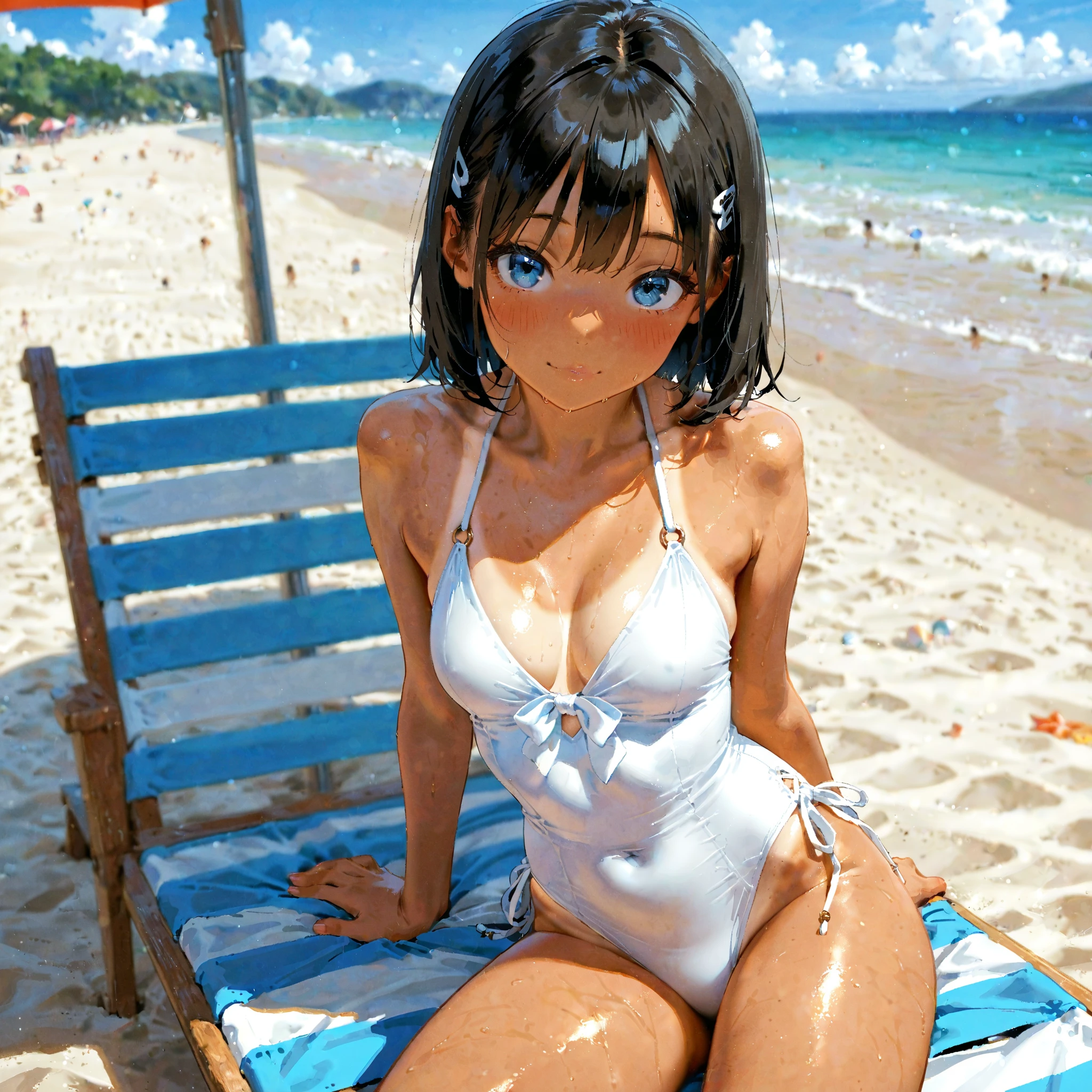 realisitic、top-quality、sit on beach、((One Woman:1.5))、Black hair、Short hair、blue eyess、inside in room、White Thin Micro Bikini、Lace gloves、Medium chest