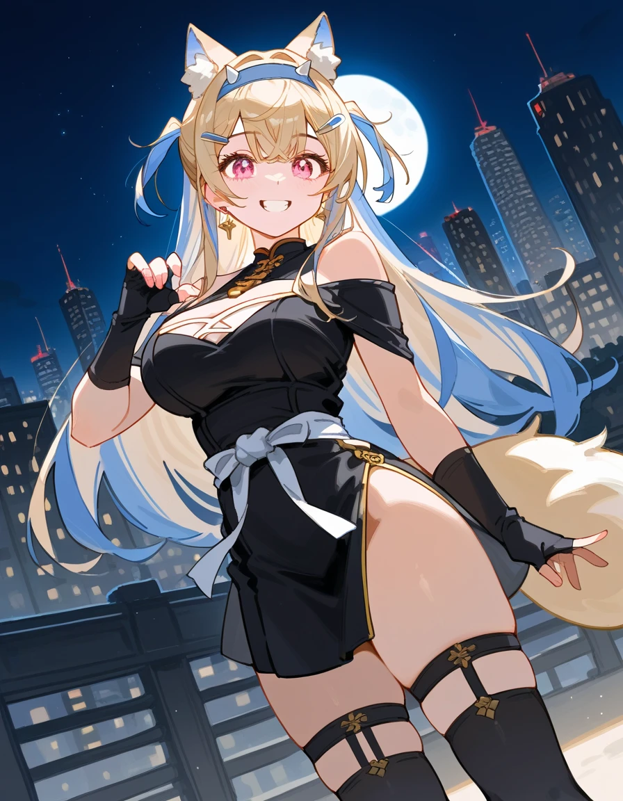 ((masterpiece)), (best quality:1.7), (detailed:1.4), (high res:1.4), 8k, (colorful:1.5), 2d, high resolution, sharped image, 4k, hd, kda_ahri_league, 1girl, (((solo))), (((blonde hair))), yellow eyes, long hair, upper body, cleavage, ((curvy body)), medium breasts, headset, choker, thighhighs, black thighhighs, animal ears, fox ears, jewelry, bare shoulder, short sleeves, white shirt, black short, facial marks, whisker markings, idol, jewelry, bracelet, black boots, ((idol)), night, ((stars)), moon, city lights, ((modern street)), (((lights))),