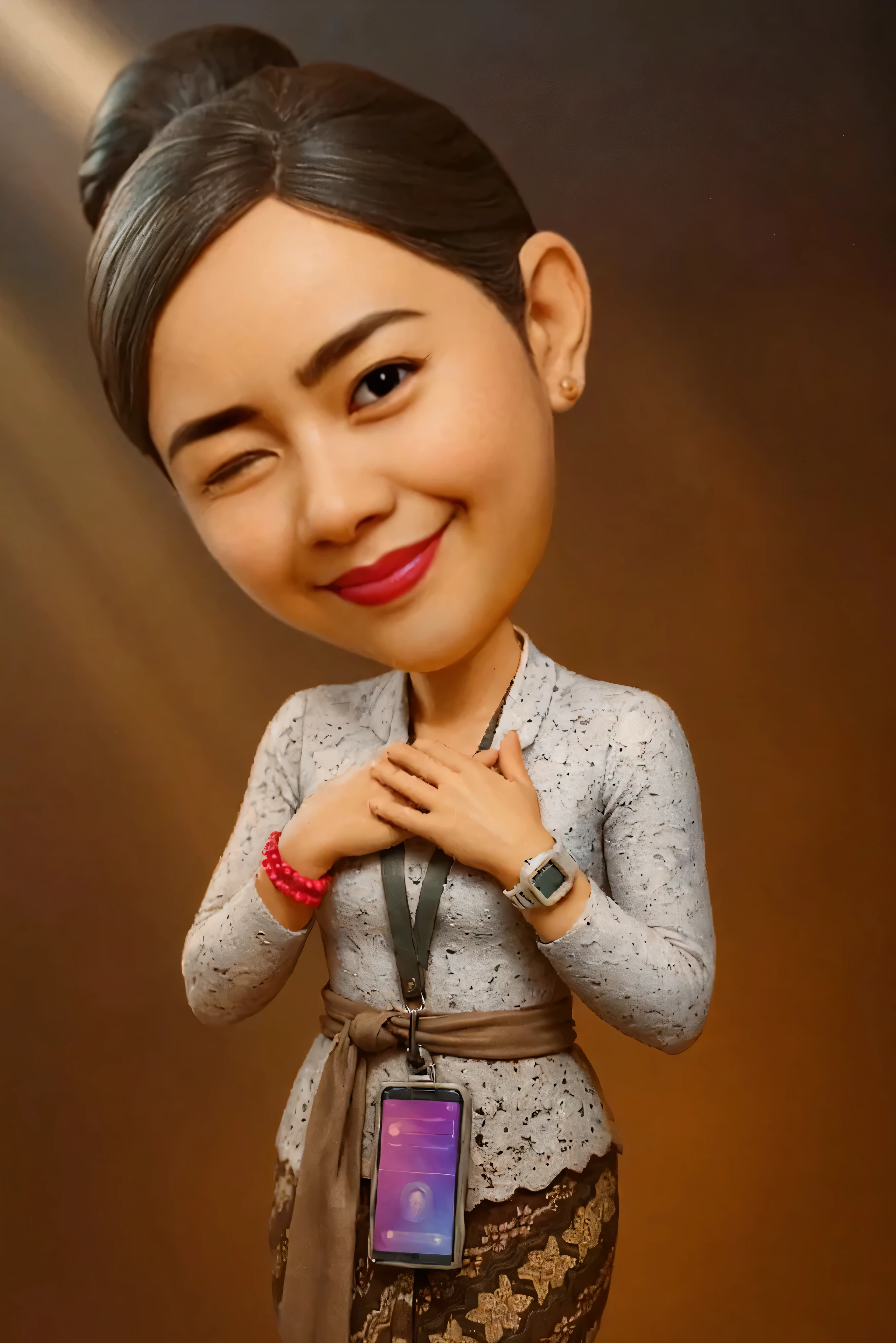 A woman, wearing strip black and gray Javanese traditional clothes, Beautiful hair, and batik bottoms, Indonesian traditional clothes, Beautiful long hair, batik, 3d cartoon, detail, render, unreal engine, 