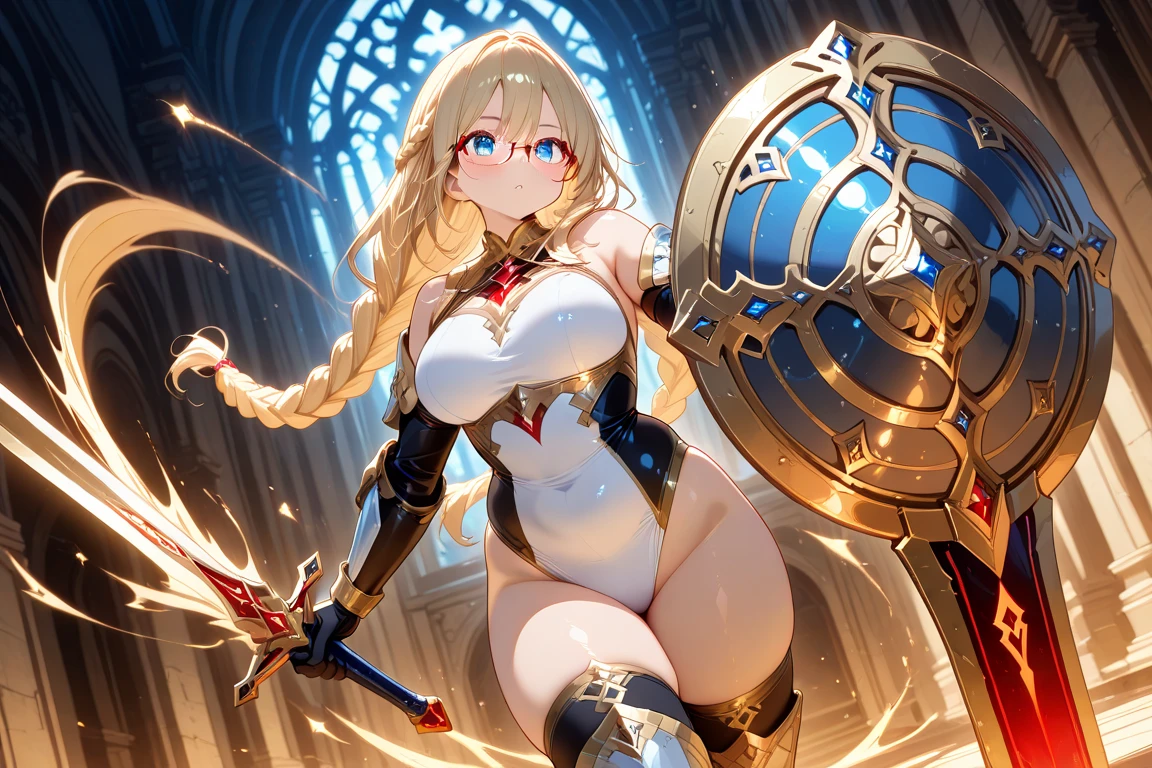 LeinaQuiron woman,  1girl, solo, breasts, blush, open mouth, blue eyes, blonde hair, large breasts, cleavage, braid, hairband, armor, twin braids, side braid, short hair with long locks, buckle, shield,
<lora:quiron_Leina_v1_Lora:1>
