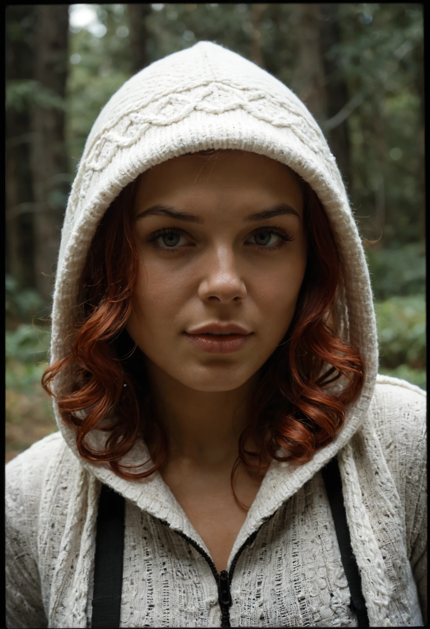 The image captures a striking editorial close-up portrait of a woman, exuding warmth and intimacy through a carefully curated composition that emphasizes texture, color, and mood. The subject’s vibrant, curly red hair cascades in voluminous ringlets, framing her face and spilling out from beneath a chunky, cream-colored knit hood. The hood, with its thick, cable-knit pattern, adds a cozy, tactile element to the image, contrasting beautifully with the fiery hue of her hair. The curls are slightly tousled, giving a natural, effortless look that enhances the organic feel of the portrait. The background is a deep, muted dark tone—possibly a forest green or charcoal—kept intentionally out of focus to ensure the subject remains the focal point. This choice creates a sense of depth and isolation, drawing the viewer’s attention to the textures of the knit hood and the intricate details of her hair. The lighting is soft and directional, casting gentle shadows that highlight the contours of the hood and the strands of her hair. The light catches the edges of her curls, creating a subtle halo effect that adds a touch of warmth and glow to the overall mood. The composition is tightly cropped, focusing on the upper half of the subject, which intensifies the intimacy of the portrait. The knit hood wraps around her shoulders, creating a cocoon-like effect that feels both protective and inviting, perfect for a winter or autumn editorial theme. The interplay of the creamy knit against her red hair creates a harmonious color palette that feels both seasonal and timeless. For a professional editorial shoot like this, I’d recommend using a Fujifilm GFX 100S paired with a Fujinon GF 80mm f/1.7 R WR lens. The GFX 100S’s 102-megapixel medium-format sensor would capture the intricate details of the knit texture and the individual strands of her curly hair with unparalleled clarity and depth. Its ability to render rich,