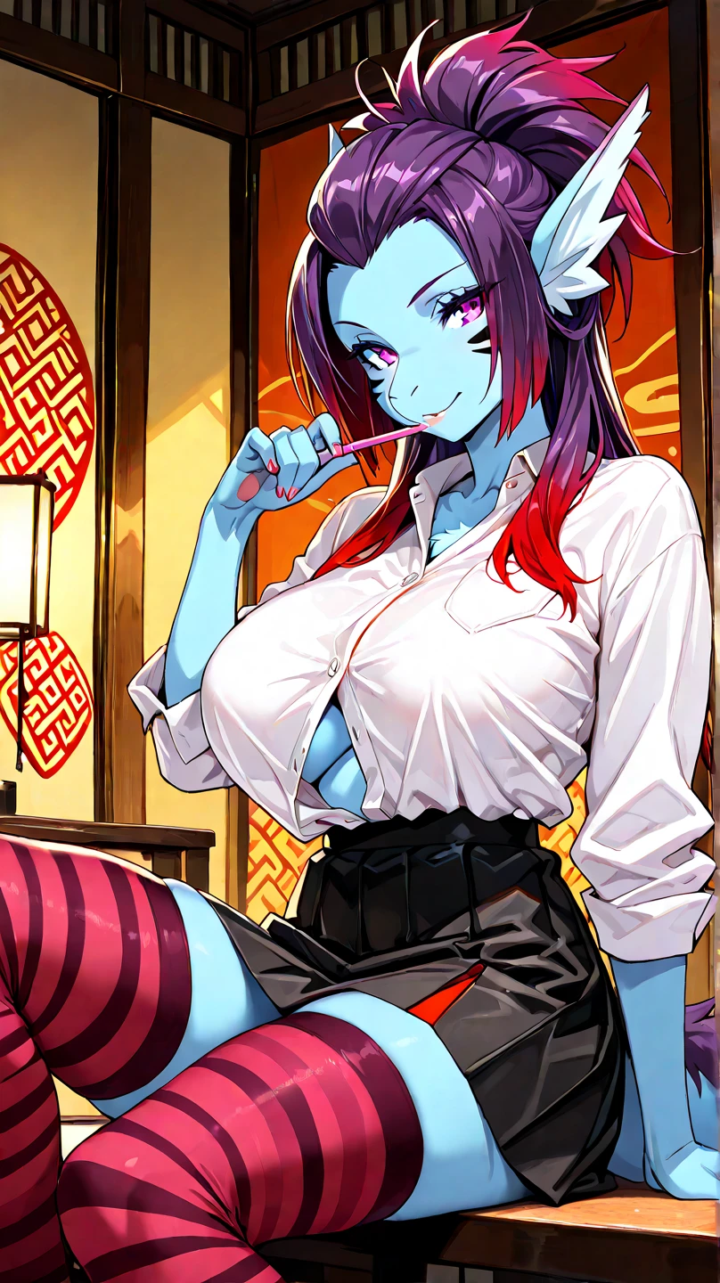 My little pony, anthro, dark blue detailed hair, white body, brown eyes, very seductive pose, opened her mouth, and strings of saliva stretched, saggy panties, big breasts, pussy under panties, finger on tongue, heart collar, earrings, piercing, black eyeshadow, black nails, patterned underwear, (loved school uniform)