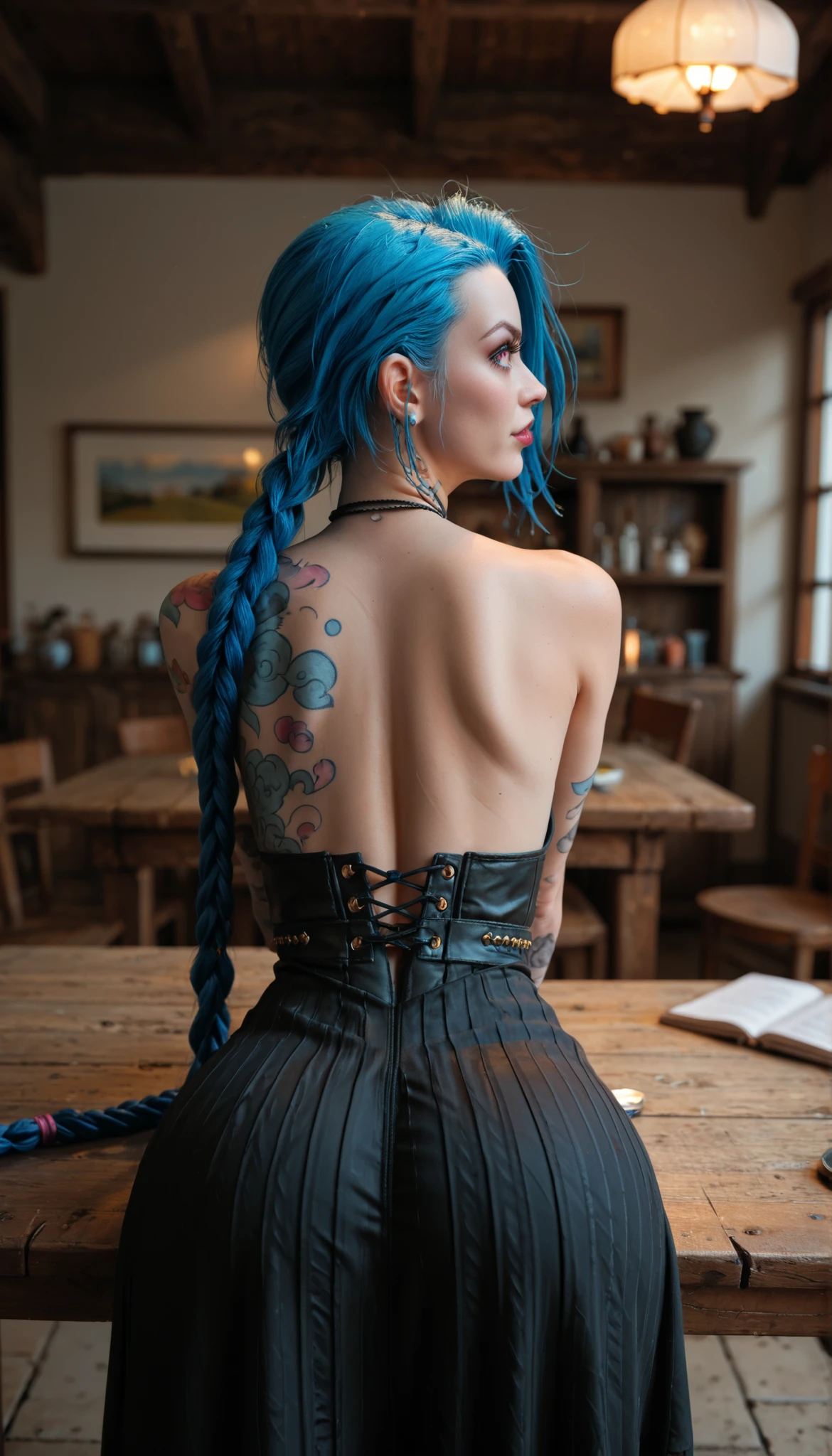 perfect figure, perfect breasts, big ass, 4K, high quality, beautiful eyes, Jinx, blue hair, bent down to the table, black dress, back view