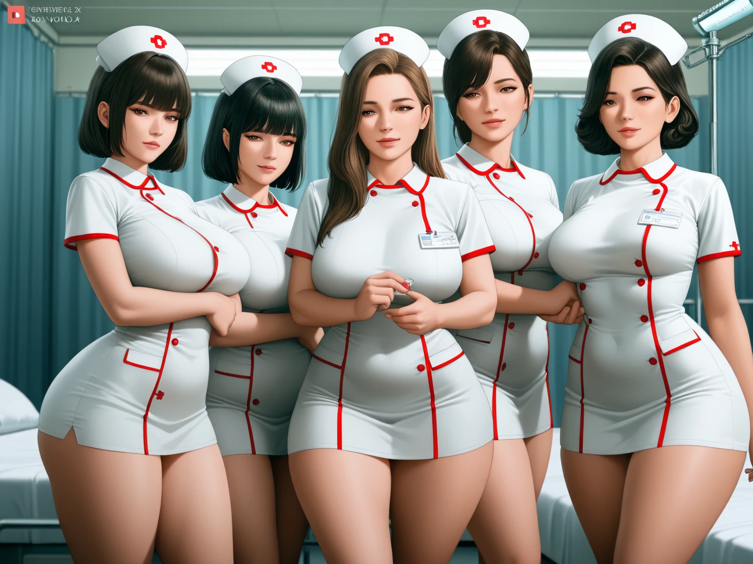 three women in white uniforms posing on a bed with white sheets, nurse girl, smooth white tight clothes suit, in white clothes, close - fitting nurse costume, perfect android girl family, an alien robot naughty nurse, hyperrealistic schoolgirl, a hyperrealistic schoolgirl, nurse, white uniform, nurse's leather suit, nursing, cgsociety inspired, amouranth