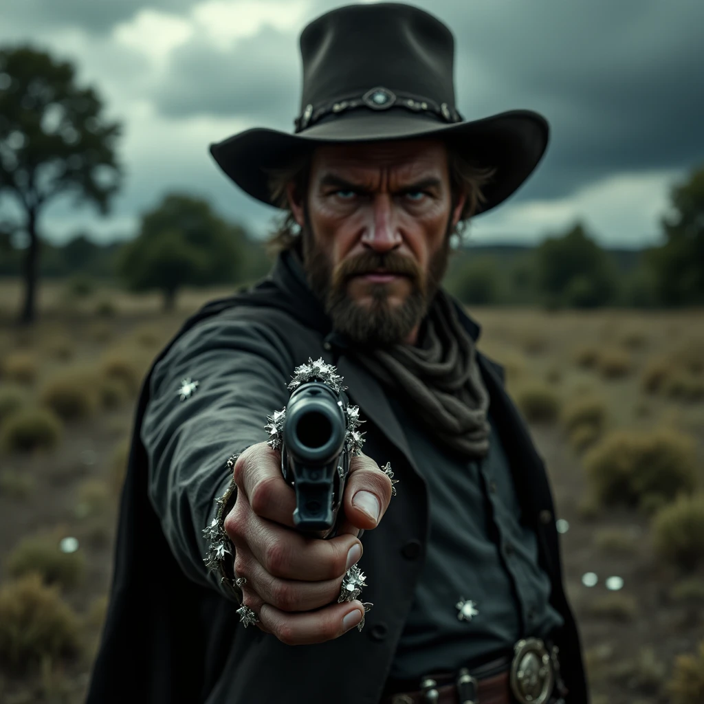 Cowboy, dégaine ses deux revolver avec un cigare en bouche, visage agressif, il porte un chapeau brun foncé en cuir, il porte un poncho, il porte une cartouchière remplie de munitions, sa tenue est sombre, arrière plant vielle ville far west, il porte une ceinture en argent, il a une grosse barbe et une cicatrice sur son nez, Image realiste