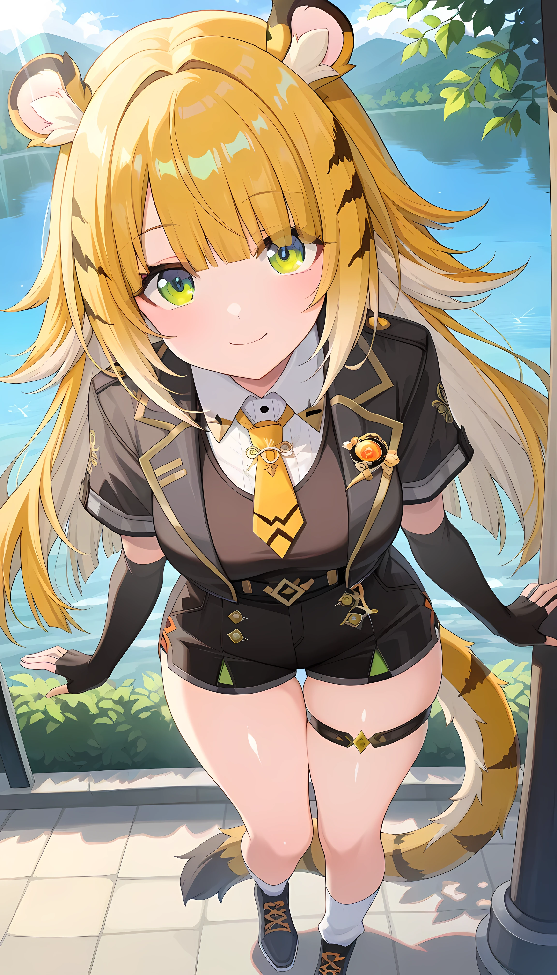 masterpiece, Highest Quality, amazing quality, outdoors, lake, contemporary, Midea,  Absard Dress, Highest Quality, 4K, Luxury,   juhufu, 1 girl, solo, green eyes, Tiger&#39;s Tail, Tiger Ears, gloves, shirt, smile,Shiny Eyes , beautiful eyes on my stomach, fascinating, erotic, Shiny Skin Thighs, sexy, Shining Eyes, (cute illustration:1.3), (high chroma:1.3), detailed beautiful face and eyes, dynamic lighting, anime, viewers looking straight up,,ray tracing,, thigh gap、butt visible from thigh、BREAK、Voluminous Lighting、Dutch angle、shiny skin、 shoes, black gloves, Short Sleeves, fingerless gloves, shorts,  Gold, closed mouth, viewers looking straight up, bungs, socks, black shorts, Pose, elbow gloves, long hair, collared shirt, white socks, multicolor hair that matches the eye, thigh straps, jacket, peeking angle,