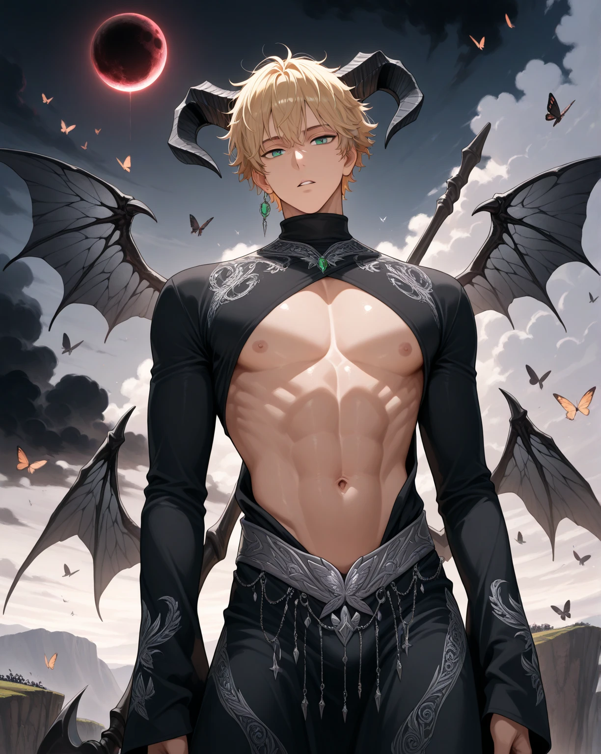 Handsome male, blue eyes, blonde hair, short hair, horns, soft features, roman nose, bara, black suit, chest harness, black pants, black boots,piercings, tattoos, big bulge in pants, wings, rose garden, laying on grass
