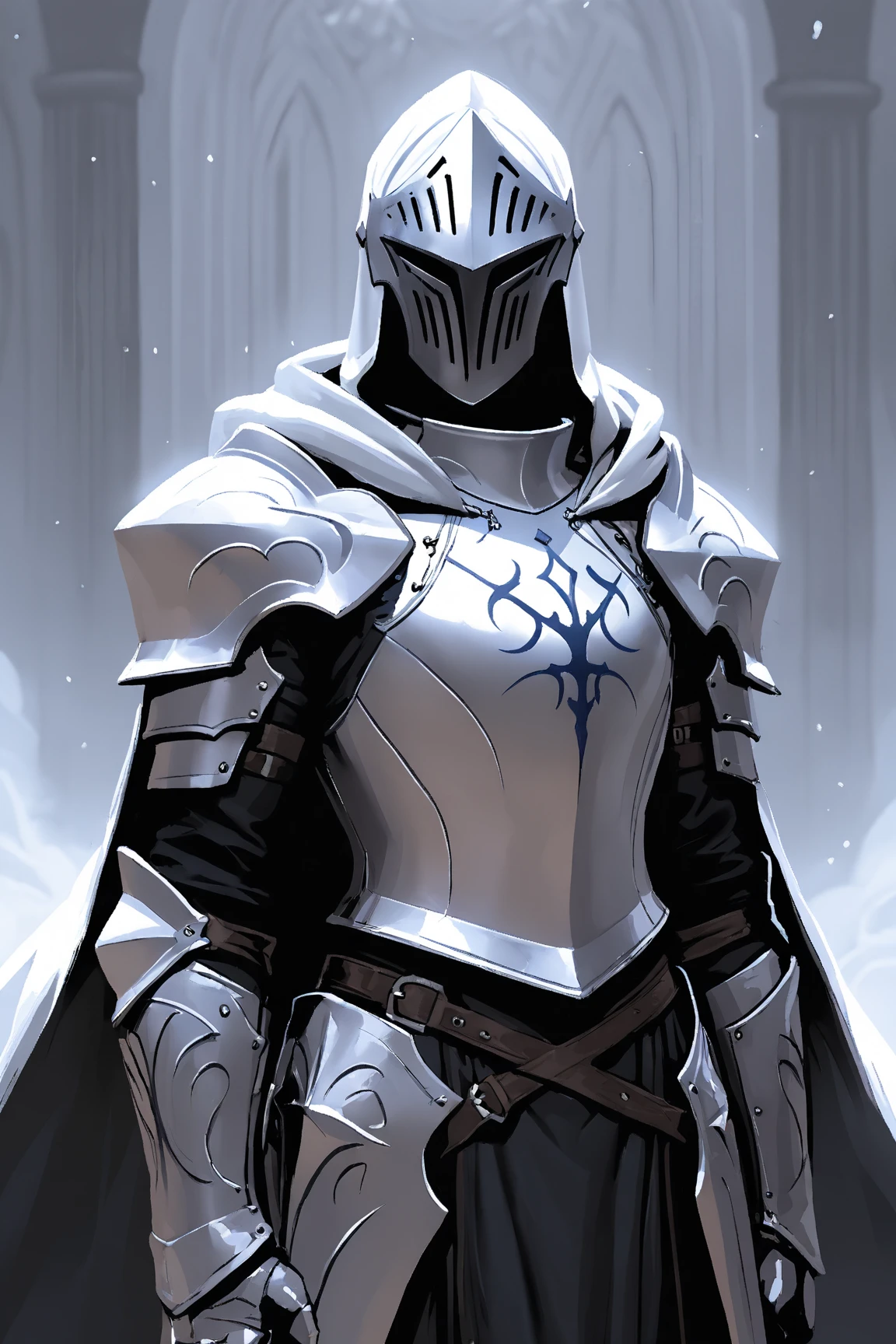(((masterpiece; best quality: 1.2))), ((1 templar)), ((solo)), (void eyes: 1.4), (body shape; toned, lean, masculine: 1.3), (beautiful and clear background: 1.2), ((depth of field)), (equipment: templar garb + surcoat with cross + chainmail shirt + closed helmet + leather gloves + black cloak : 1.3), (anime illustration: 1.2), (background composition; palace garden + plants: 1.1), (shot composition; standing + centered on head + bust close-up: 1.5)