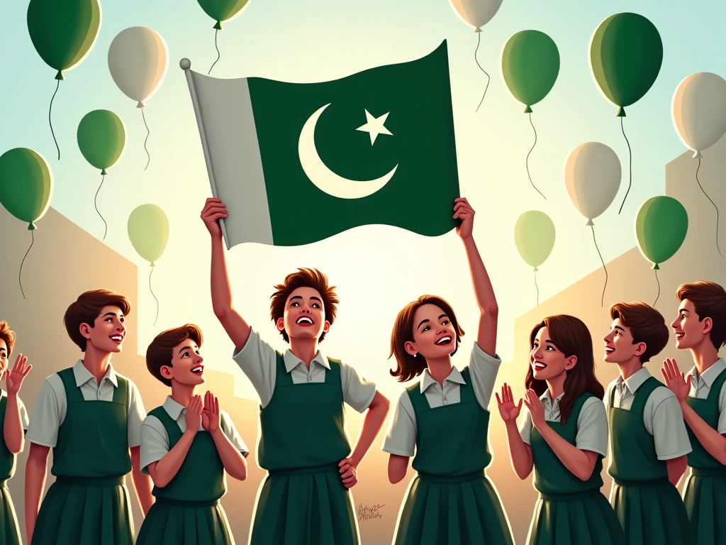 ??? in orange school uniform, holding Pakistan flag, other kids celebrating in background, warm sunlight, patriotic atmosphere, Independence Day of Pakistan celebration. Having a banner happy independence day clearly written on it. 
