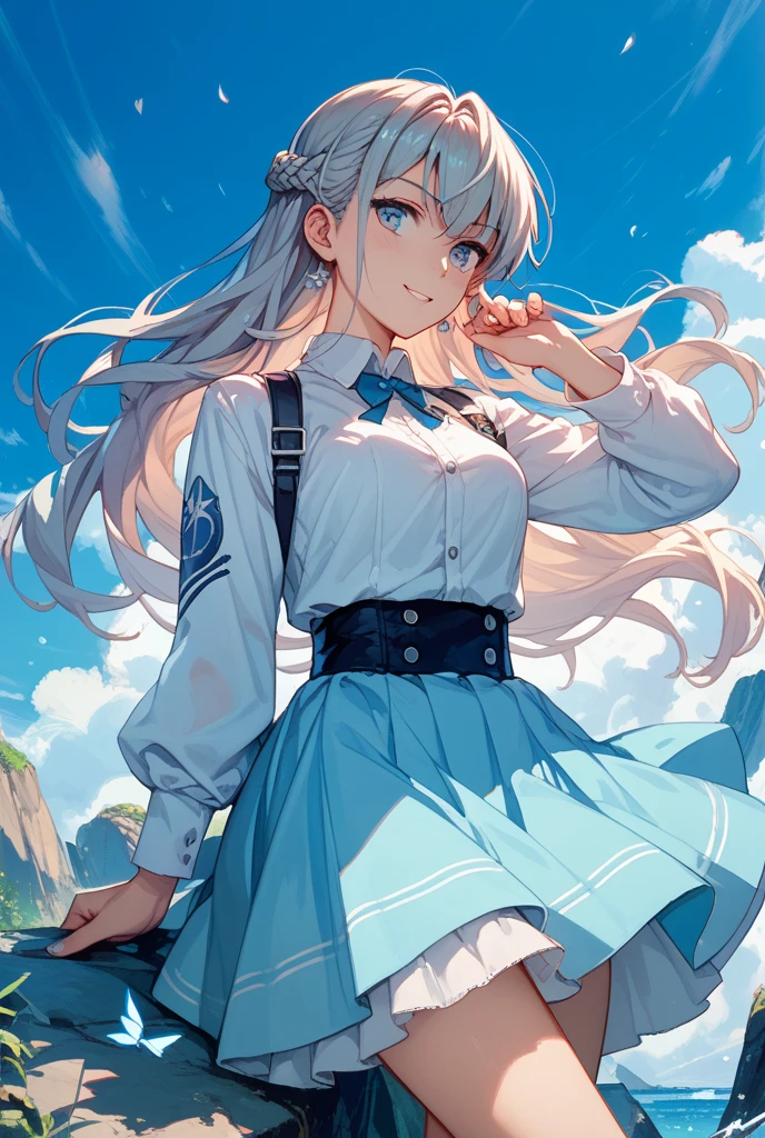 Masterpiece、hightquality、1girl in、adventurer、a miniskirt、Cantera、headlamp、caves、Cute anime illustration、