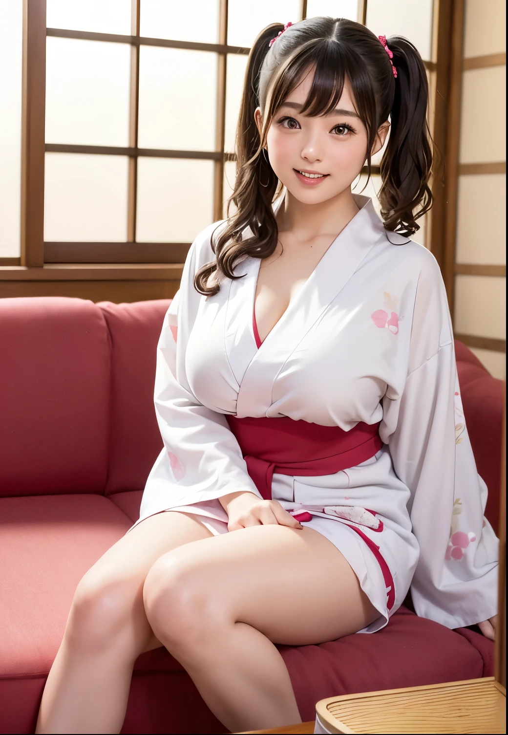 best quality, Delicate face,beautiful visual work, lifelike, eternity, black hair, Long curly hair, blunt bangs, Smile, Detailed Background, Delicate face,blush,cold,((masterpiece))、(top quality)、8k、high detail、Super detailed,41-year-old female,Wearing a yukata, Kneeling on the tatami, masterpiece、born、Scenes resembling fairy tale illustrations、intricate details和複雜的設計、Beautifully、magic、capricious、 Beautifully、Dream aesthetics、「𝓡𝓸𝓶𝓪𝓷𝓽𝓲𝓬、ethereal、charming、fickle、magic」、realism、Visual effects、FXAA、SSAO、Shader、voiceless、ambient lighting、Tone mapping、High resolution、Ultra high quality、Million pixels、(8K resolution:1.10)、8k、8k以下、8K resolution、high detail、intricate details, (high quality:1.2、masterpiece:1.2、:1.21)、(41-year-old female:1.21)、(興奮地Smile)、(Surrounded by a dreamy atmosphere、Model diagram,full-body shot,Normal 2 feet,Put your hands behind you,The protrusion of the breast is visible when wearing clothes, Large Breasts, H cup chest, Don't show your fingers, full-body shot, full-body shot,full-body shot,full-body shot,full-body shot,full-body shot,full-body shot,full-body shot,hands hidden in clothes, hands hidden in clothes,hands hidden in clothes,hands hidden in clothes,hands hidden in clothes,hands hidden in clothes,hands hidden in clothes,hands hidden in clothes,hands hidden in clothes, ,hands hidden in sleeves ,hands hidden in sleeves ,hands hidden in sleeves ,hands hidden in sleeves ,hands hidden in sleeves ,hands hidden in sleeves ,hands hidden in sleeves ,hands hidden in sleeves, arms behind back, arms behind back,indoor, Japanese style decoration, Japanese style architecture, Japanese-style room, 在Japanese-style room內, Pink and white yukata with flower pattern, Pink and white floral pattern yukata, Yukata with cherry blossom pattern on it, White yukata with pink cherry blossom pattern