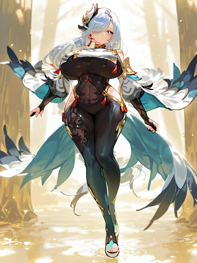 1girl, full body,arms behind back,yellow eyes, white hair, large breasts, hair ornament,malicious smile, <lora:phantyliaV2:0.8>,