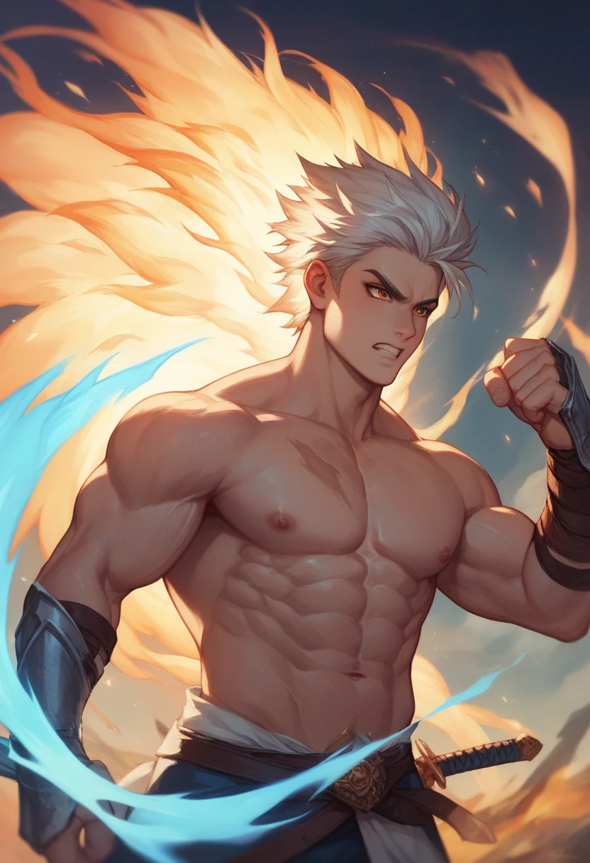 Male,dark skin, red eyes,white hair, muscular,yugioh