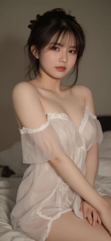 ((top-quality、8K、masterpiece:1.3))、full bodyesbian、1 Beautiful Japan Girl,big eye、Gentle mouth、fair white skin、neat college girl、ite person、(Long white silk camisole、white panties)、japanes、a babopt、(Slimed、small tit、flat boobs、small tit)、Photorealsitic、detaileds, Skin Texture, ultra-detailliert、A smile、Super Detailed Face、Detailed lips、A detailed eye、二重まぶた、10years old 、((Nipple bumps、 are see-through、White Wet Sheer Camisole))、