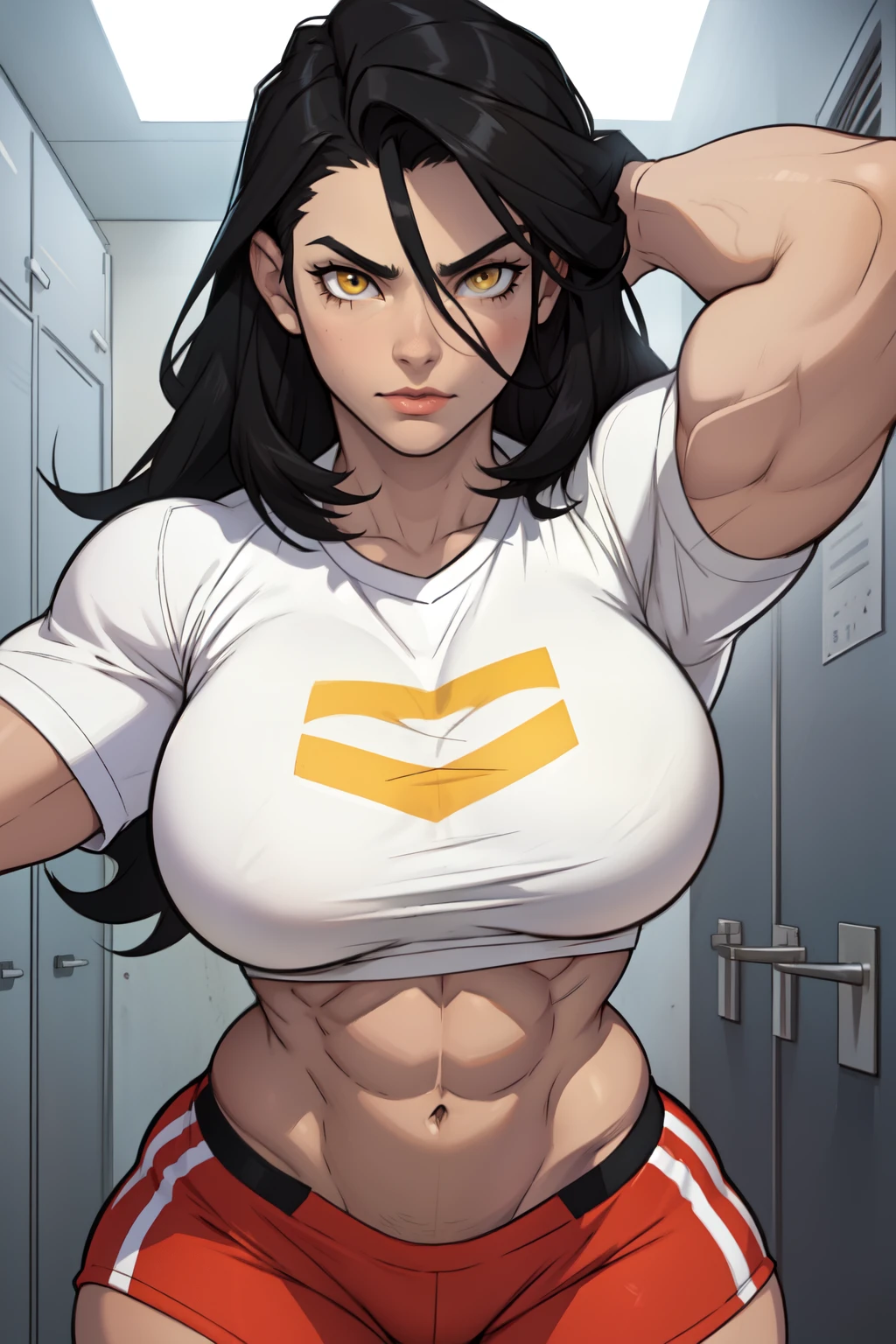 ((1girl muscular)) pale skin black hair very long hair yellow eyes large breasts sweatpants midriff close up