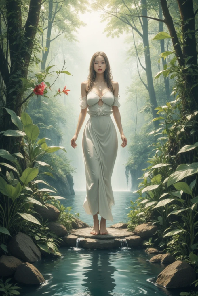 masterpiece:1.2、high resolution、High definition、Girl walking on water、whole body、Limbs、belly button、Thighs、knees、Ripples under your feet、One Girl、Cute face、Beautiful Face、Bright Face、Gravure idol、whole body:1.3、Mysterious naked、Mysterious Forest、Deep fog with white smoky background、White mist enveloping the body、Fantastic lagoon、Light source from behind、Backlight、Shade with soft lighting、Hair swaying in the wind、Mysterious naked body floating in the fog、Beautiful girl walking here、((Huge ruins floating in the background:1.3))、Huge stone ruins
