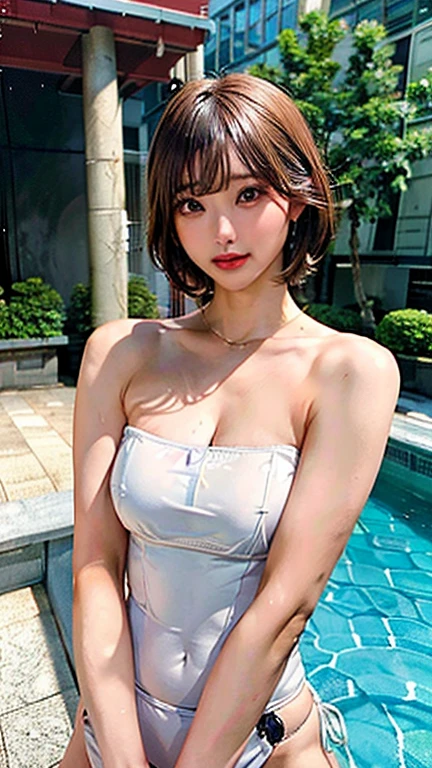 ((Best quality, 8k, Masterpiece :1.3)), pretty woman, 1girl, huge breasts :1.3, slender figure :1.1, firm abs, happy smile, dark brown hair, (pool, wet body, erotic clothes :1.1), ultra-detailed face, detailed lips, detailed eyes, double eyelid