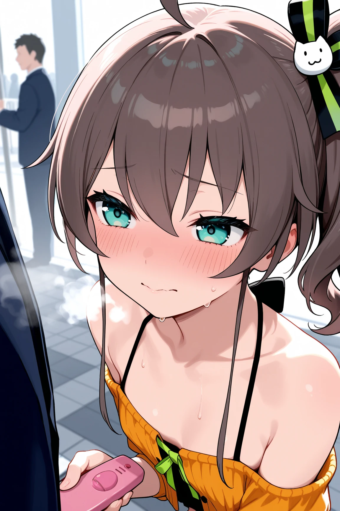 punctuation_9, punctuation_8_High above, punctuation_7_High above, punctuation_6_High above, punctuation_5_High above, punctuation_4_High above, assessment_questionable, , fountain_アニメ, digital illustration, pixiv, fan box, no censure, , break, offcial art,
1 girl, standing alone, mature woman, hanabi, chestnut hair, eye white, hair between the eyes, low ponytail,
black bra,white panties and wet, red too, plein-air, blush, looking ahead at viewer, cowboy shot,whole body 