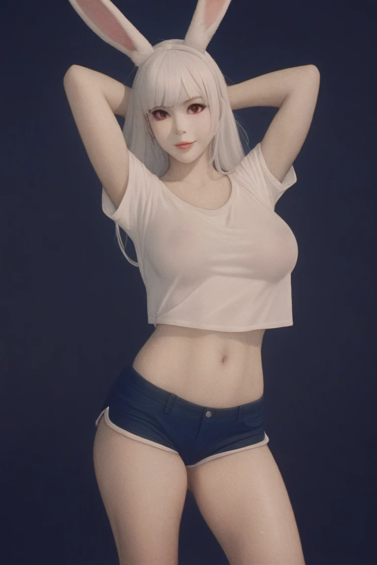 One piece anime, sexy woman, black panties, tight white tanktop two sizes too small, white hair with blue highlights, NSFW, devil horns
