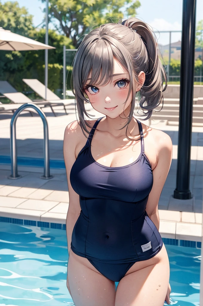 High quality、highest quality、complete limbs、Ultra high definition、Sparkling eyes、full finger、slender beauty、Group of 3、Wearing a school swimsuit、shiny skin