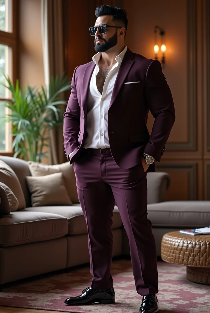 a muscular shirtless man with defined abs and pectorals, wearing black pants and an open purple jacket, standing on a staircase, looking at the viewer, short brown hair, (best quality,4k,8k,highres,masterpiece:1.2),ultra-detailed,(realistic,photorealistic,photo-realistic:1.37),solo,male_focus,navel,bara,pants,muscular_male,short_hair,open_clothes,stairs,black_pants,looking_at_viewer,large_pectorals,brown_hair,coat,chest_hair,jacket,shirt, purple_jacket