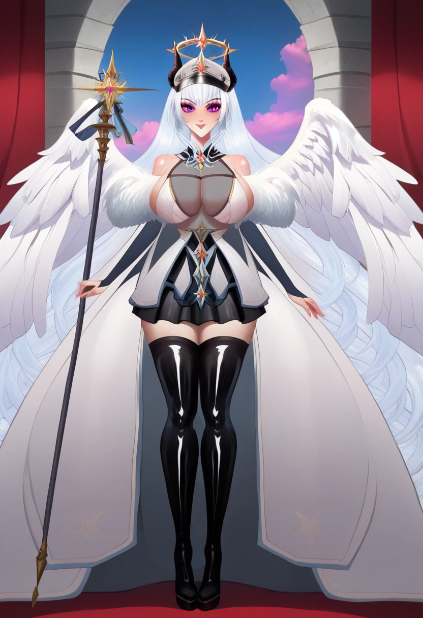 masterpiece, best quality, highres, princess celestia, human, regalia, shot from ground, detailed, background of castle, spread big angel's wings, white dress, long dress, long hair, princess, halo, Angel wings, feathers, frills, idol, idol dress, collarbone, big breasts, outdoors, standing, white boots, nsfw:0.9