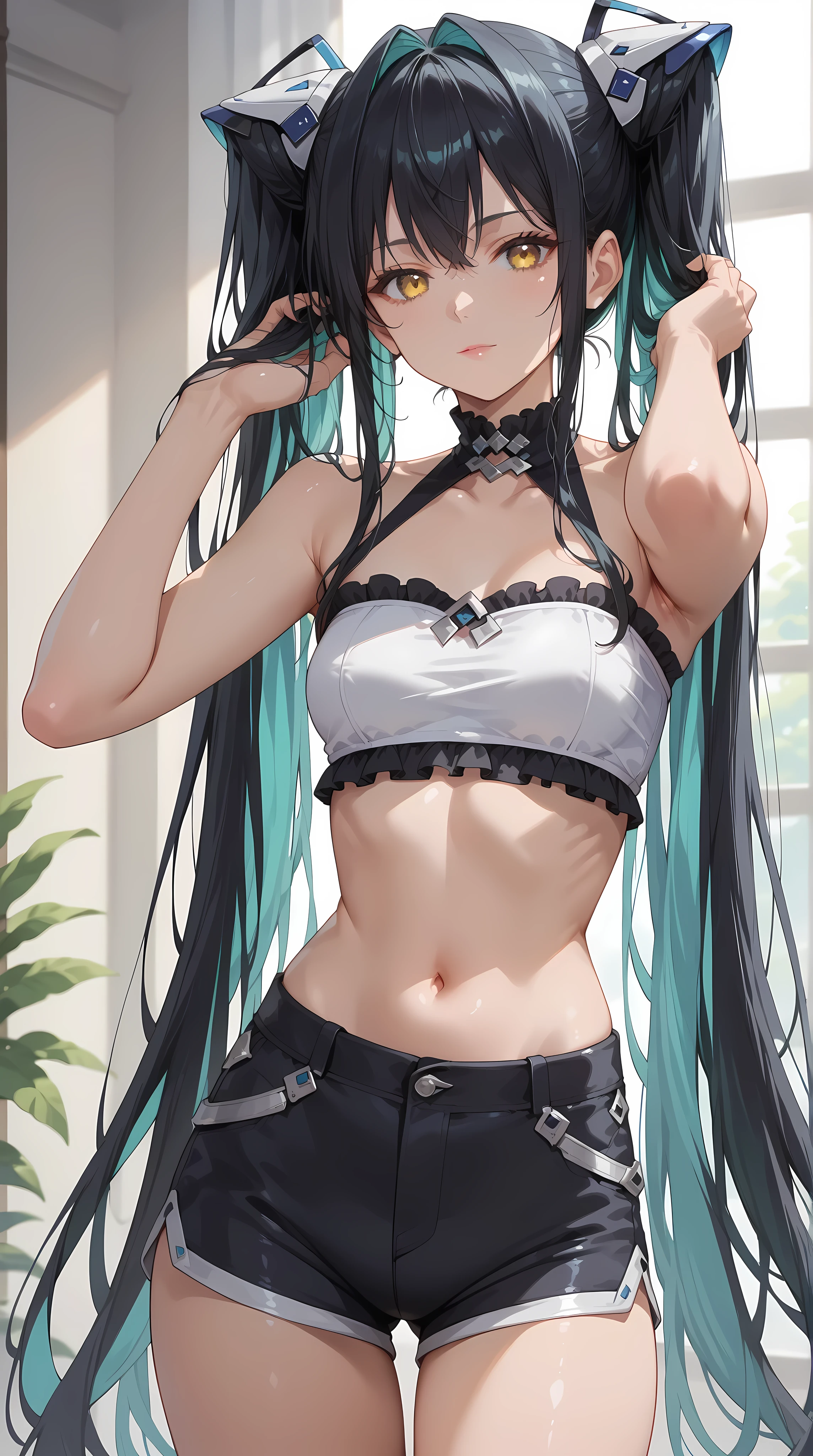 Best Quality,High resolution,8k,finelity detailed background,Masterpiece:1.2),beautiful girl,Shiny green hair,crossed bangs,Green Eyes,Gentle look,A refreshing look,smile,Best quality,Best Quality,Aesthetic and aesthetic:1.2,Best details((Super detailed))(High-definition CG illustrations),Upper Body,Dark grey underwear, (dark gray),Slender body,night,moon,Bedroom,On the bed,smile,blush,cute,Scrounge,Looking up,Being spoiled,super model,wariza,shoot from,below