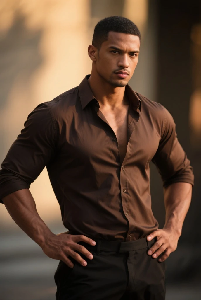 Full body, background with women, black curly hair, muscular, black open shirt with red and two silver necklaces. Two rings in the right hand, piercing gaze, soft cinnamon skin color, seductive. Motor in the background