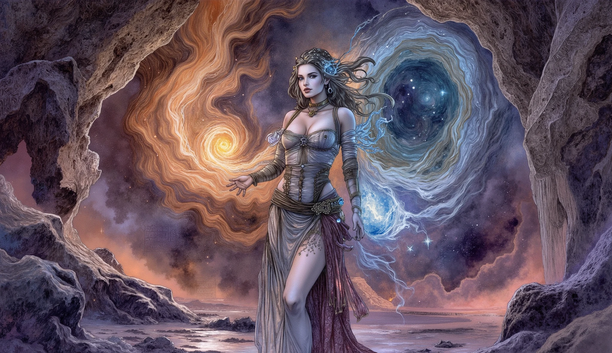 In a realm where galaxies collide and celestial clouds swirl, the ethereal enchantress Grace holds dominion, her ethereal form aglow with the radiant fire of a thousand cosmic furnaces.
Grace's divine visage is framed by a halo of shimmering starlight tresses, each strand woven from the very dust of shattered nebulae. Her tresses billow weightlessly, caressing her lithe form in a sensual dance fueled by stardust. Eyes that blaze like the hearts of long-dead suns bore into any who dare meet their smoldering gaze, promising equal parts rapture and annihilation to those entranced by their molten depths.
The enchantress's celestial garments appear crafted from the shimmering auroras of newly birthed worlds. Diaphanous silks and ethereal chiffons cling hungrily to her curves before flowing away in a breathtaking spiral, mirroring the whorls of distant accretion disks. As she moves, stardust swirls in her wake, crowning her as the supreme seductress who rules the celestial spheres.
Grace's domain is a tapestry of cosmic wonders and perils - cataclysmic beauty given form. Supernovae bloom like celestial roses, showering their stellar matter across the cosmos, only to be consumed by the ethereal maws of voracious black holes. Stars are born in roiling stellar nurseries, their births heralding new cycles of creation and destruction.
Though an enchantress of unparalleled cosmic power, Grace's true seductive prowess lies in her infinite compassion and generative potential. Her outstretched fingers weave the very strands of existence, nurturing new worlds into radiant being with but a glance. The enchantress's full lips, moist and inviting, seem to whisper the secrets of eternity itself to any who dare embrace her enthralling cosmic rapture.
Within this realm of perpetual celestial rebirth, the ethereal enchantress Grace reigns supreme - an intoxicating, sensual, and nurturing force whose irresistible allure fuels the perpetual cycle of creation and destruction throughout the c