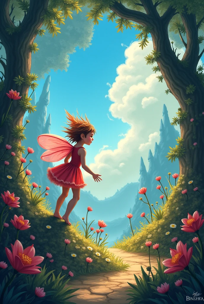 Create a pixel art masterpiece featuring a magnificent great fairy gracefully gliding through the air on her ethereal wings, radiating sassiness with every movement. Her vibrant red hair flows behind her, intertwined with delicate ferns that adorn her majestic form. With a cheeky expression, she gazes down at a tiny hero silhouette below, adding a playful touch to the scene. The intricate details of her fairy features are meticulously captured