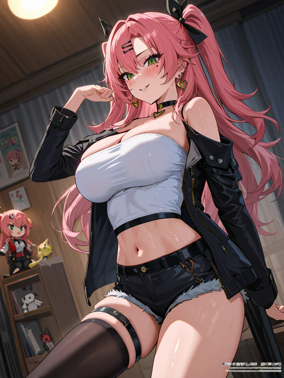 Realistic girl with pink hair and pink shorts posing in a room, seductive Realistic girl, biomechanical oppai, oppai cyberpunk, pink girl, cyberpunk realistic girl, attractive realistic girl, some pink, smooth skin, sexy body