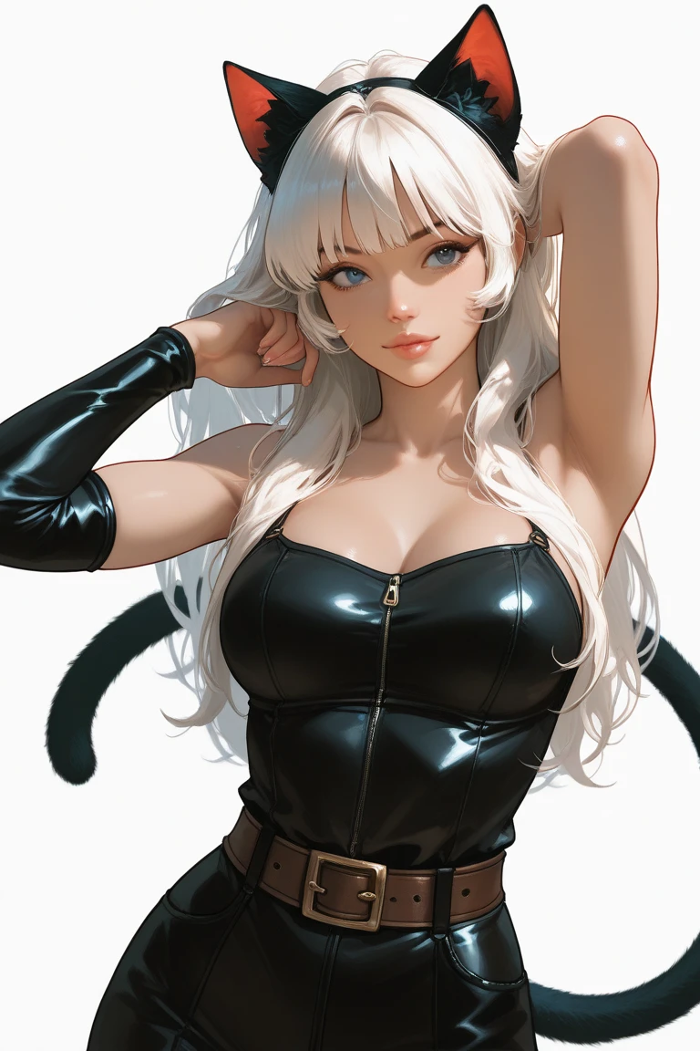 she is wearing black clothes, High Cut Bodysuit.A woman doing professional wrestling It has cat ears and a tail... Twin tails Open Finger Gloves Fighting in the ring