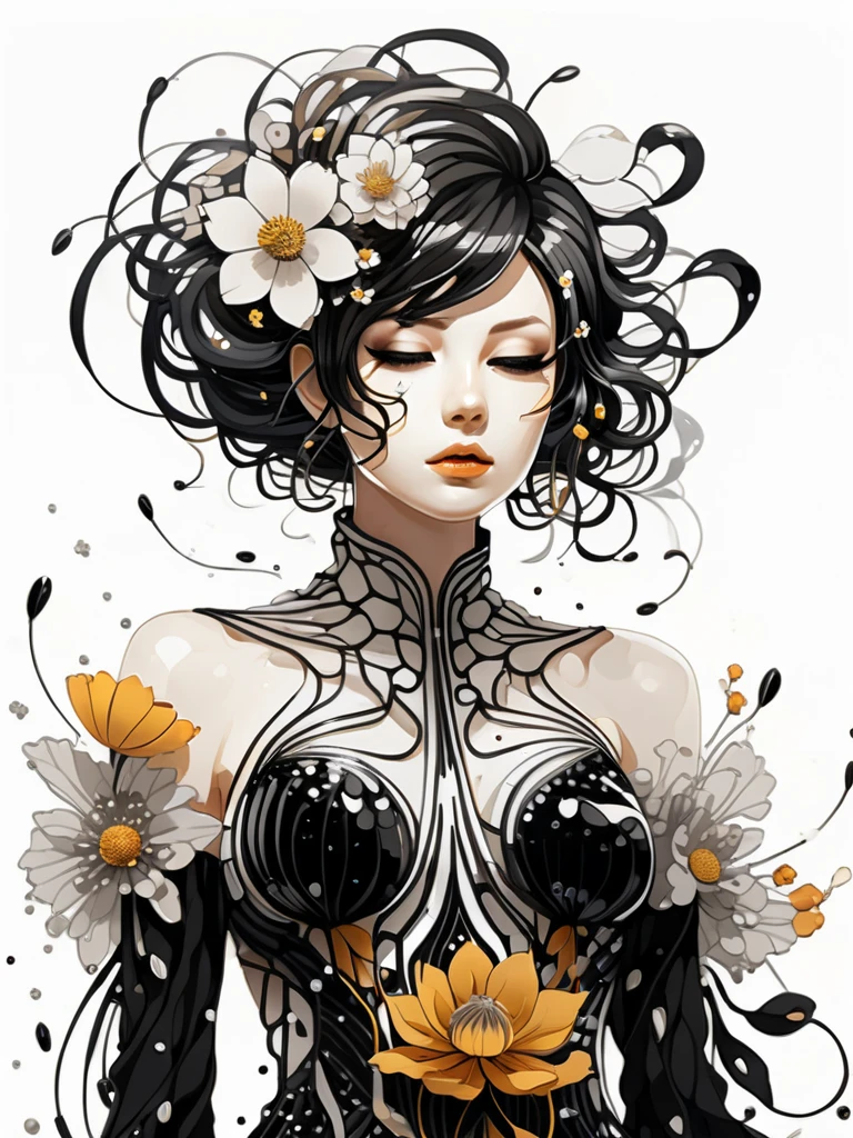anime art style, a woman in a dress made of ferrofluid threads and flowers, white background, waist up shot
 