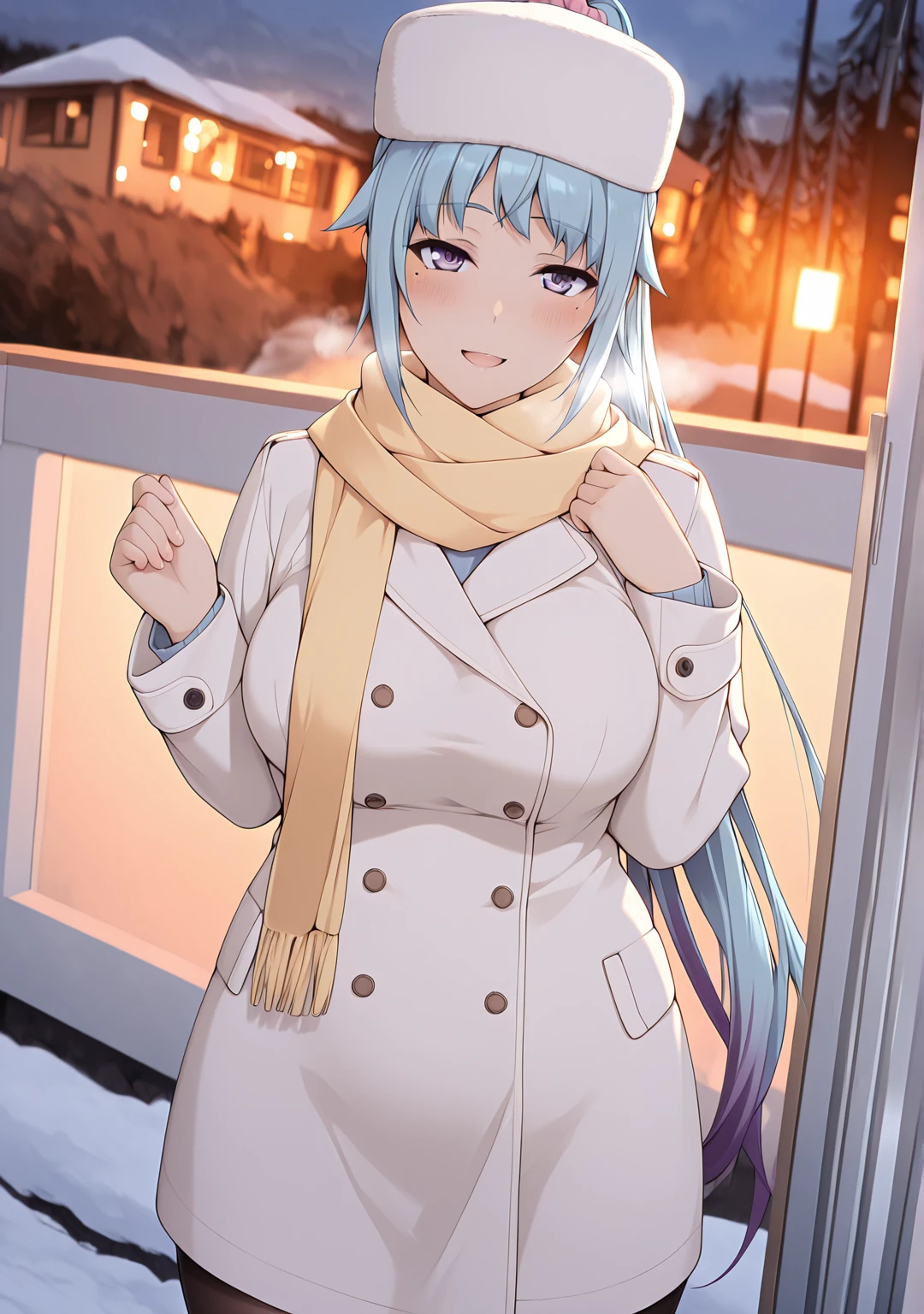 L_Cation2, (pinta_(ayashii_bochi)-style:1.2), (luxu-style), anime coloring, ((Cinematic, unreal engine, eye-catching, ambient occlusion, UHD, masterpiece)), ((perfect lighting, dim lighting)), comic, score_9, score_8_up, score_7_up, score_6_up, score_5_up, score_4_up, uncensored, detailed background, vignetting, high quality, absurdres, best quality, very aesthetic, newest, digital art, trending on ArtStation, ((anatomical correct)), perfect body, perfect eyes, perfect fingers, gasping, heavy breathing, gasping profusely, ((skindentation)), ((curvy)), high ponytail, long hair, multicolored hair, light blue hair, purple hair, purple eyes, mole under eye, hair scrunchie, pink scrunchie, plump, 1girl, scarf, solo, hat, smile, coat, chromatic_aberration, blush, breasts, facing_viewer, white_coat, pantyhose, winter_clothes, long_sleeves, yellow_scarf, outdoors, buttons, blurry, hands_up, fur_hat, blurry_background, white_headwear, open_mouth,