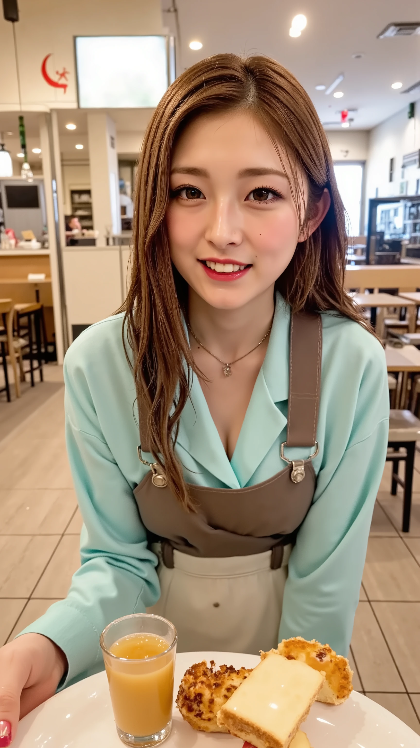 (front view:1.3),((look up at the viewer:1.3)) ,wide shiny hair, waitress, cafe,miniskirt,stockings, (toast and coffee on tray:1.5),smile