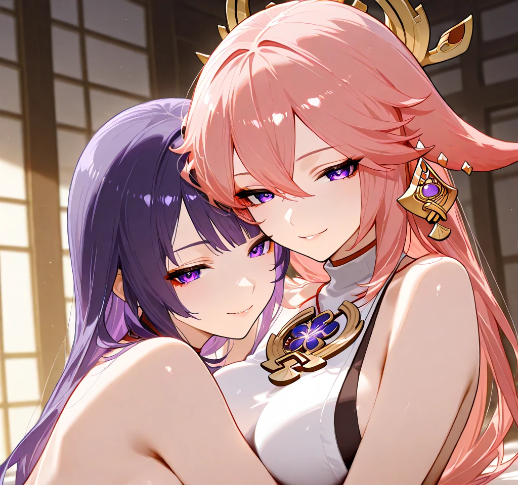 score_9, score_8_up, score_7_up,source_anime, high res image,masterpiece,best quality,2girl,cute face,clear skin,yae_miko_genshin,raiden_shogun_genshin,smile,looking each other,