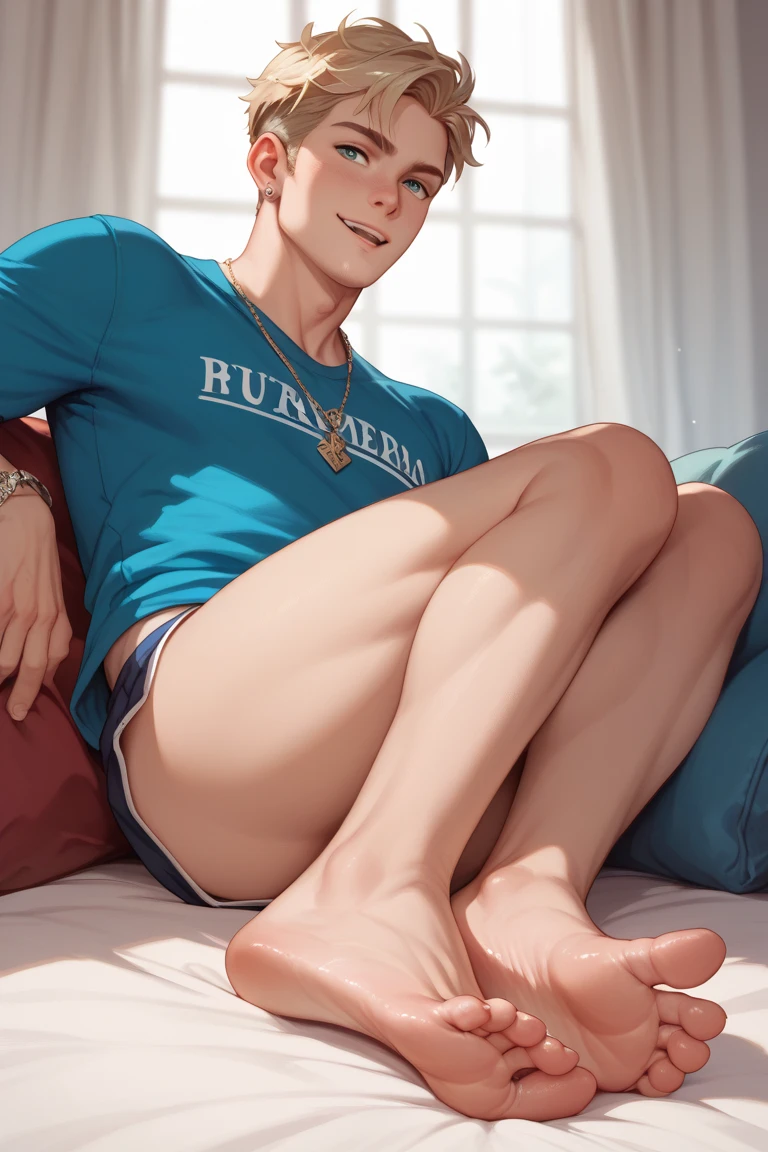 Boy, bodybuilder, big bag, confused eyes, translucent thong, white socks, naked, legs open, CG sense, half relying --auto --s2